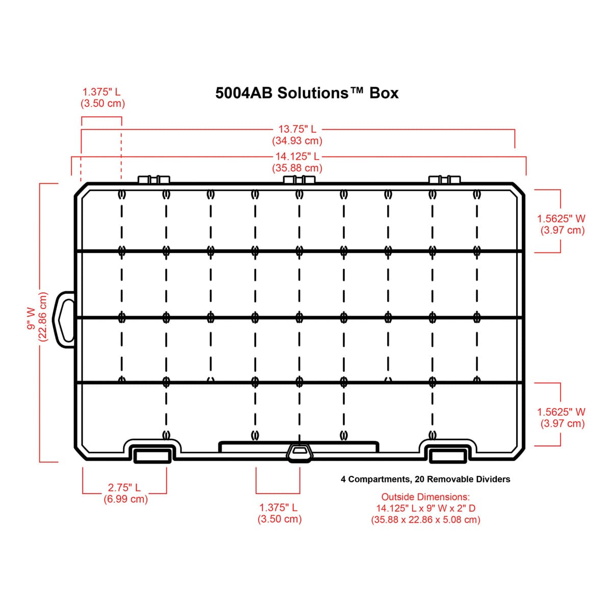 ArtBin Solutions Box - Four Compartments, Large (Illustration of box with corresponding dimensions)
