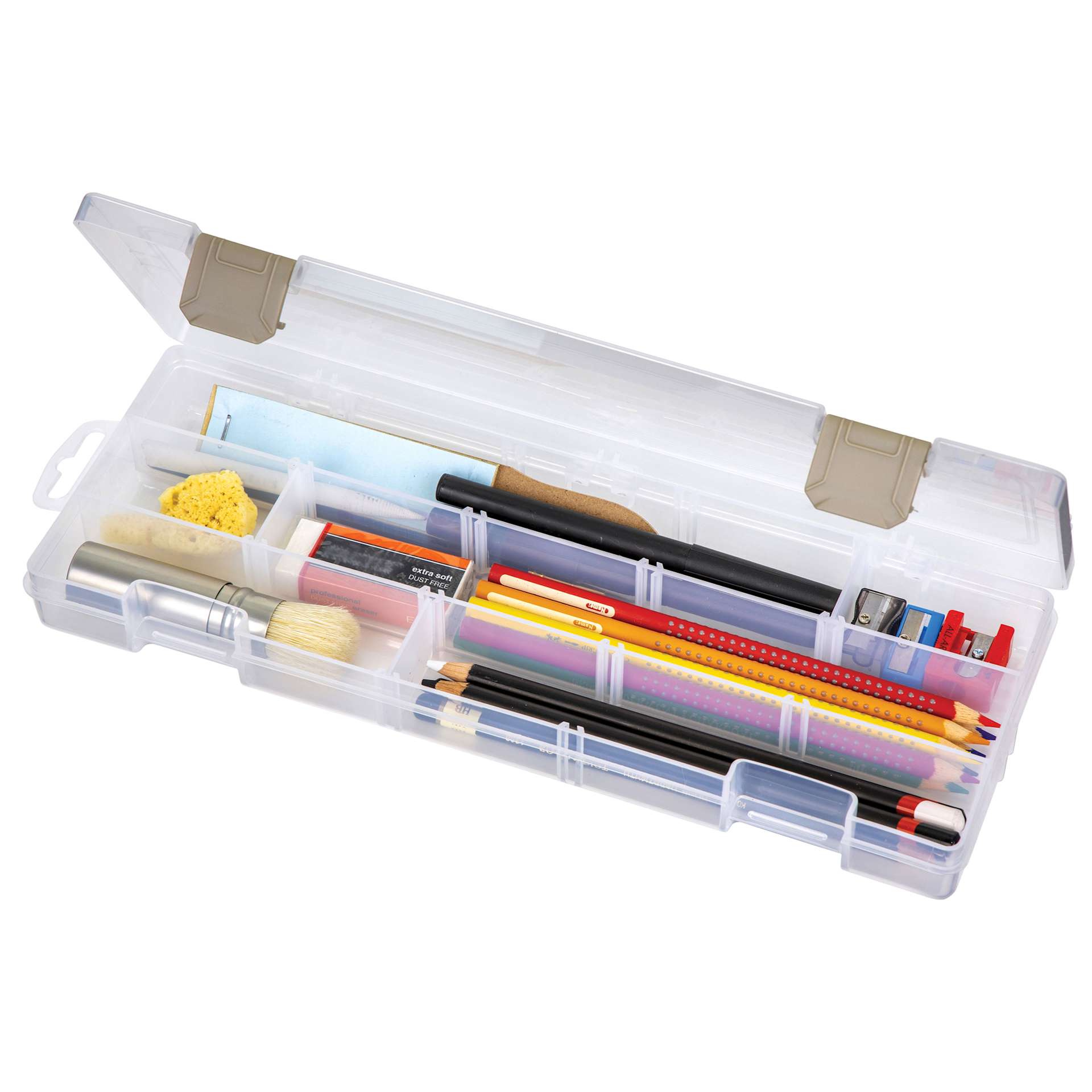 ArtBin Solutions Box - 12-1/2" x 5" x 1-1/2", lid open, filled with supplies, supplies not included