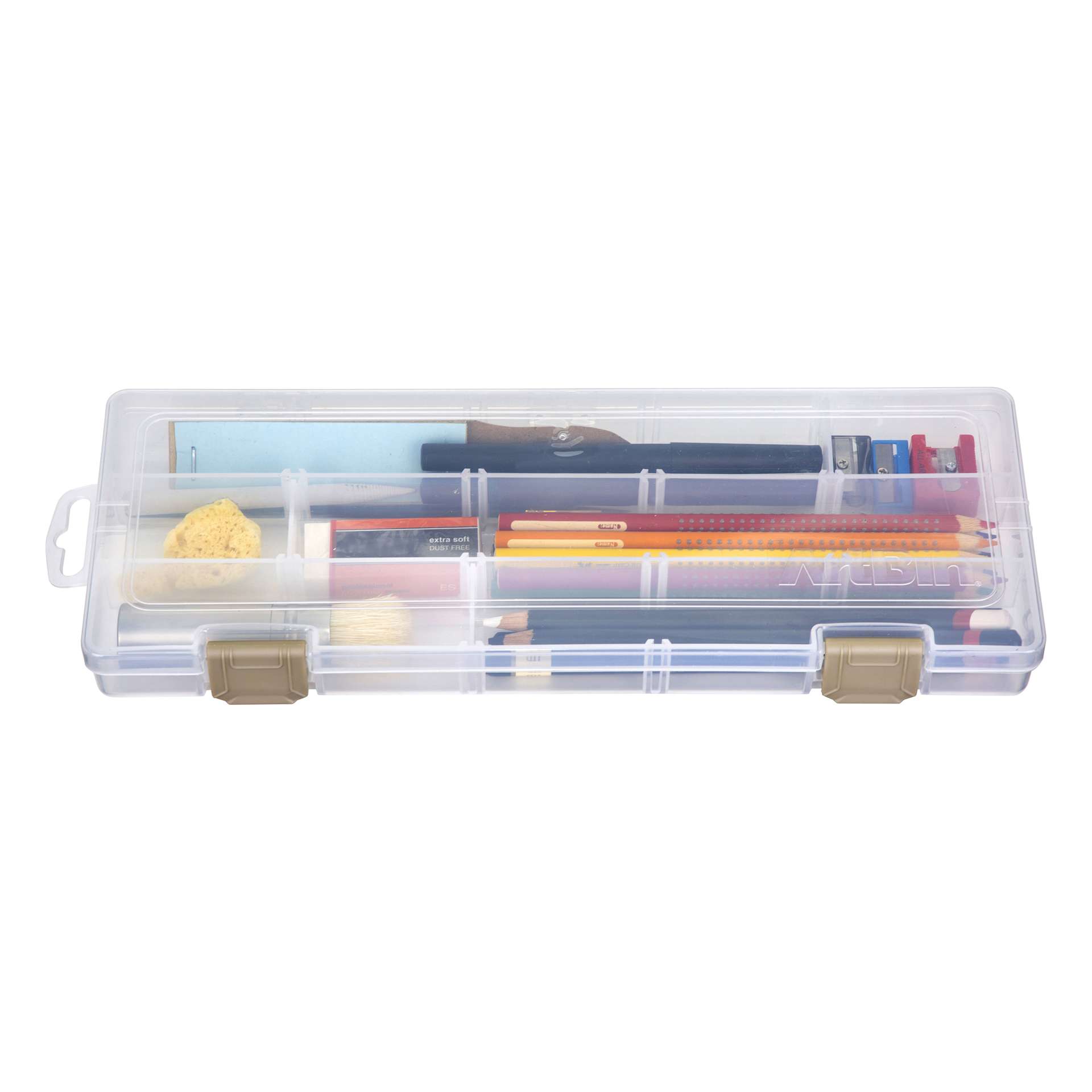 ArtBin Solutions Box - 12-1/2" x 5" x 1-1/2", filled with drawing supplies, supplies not included