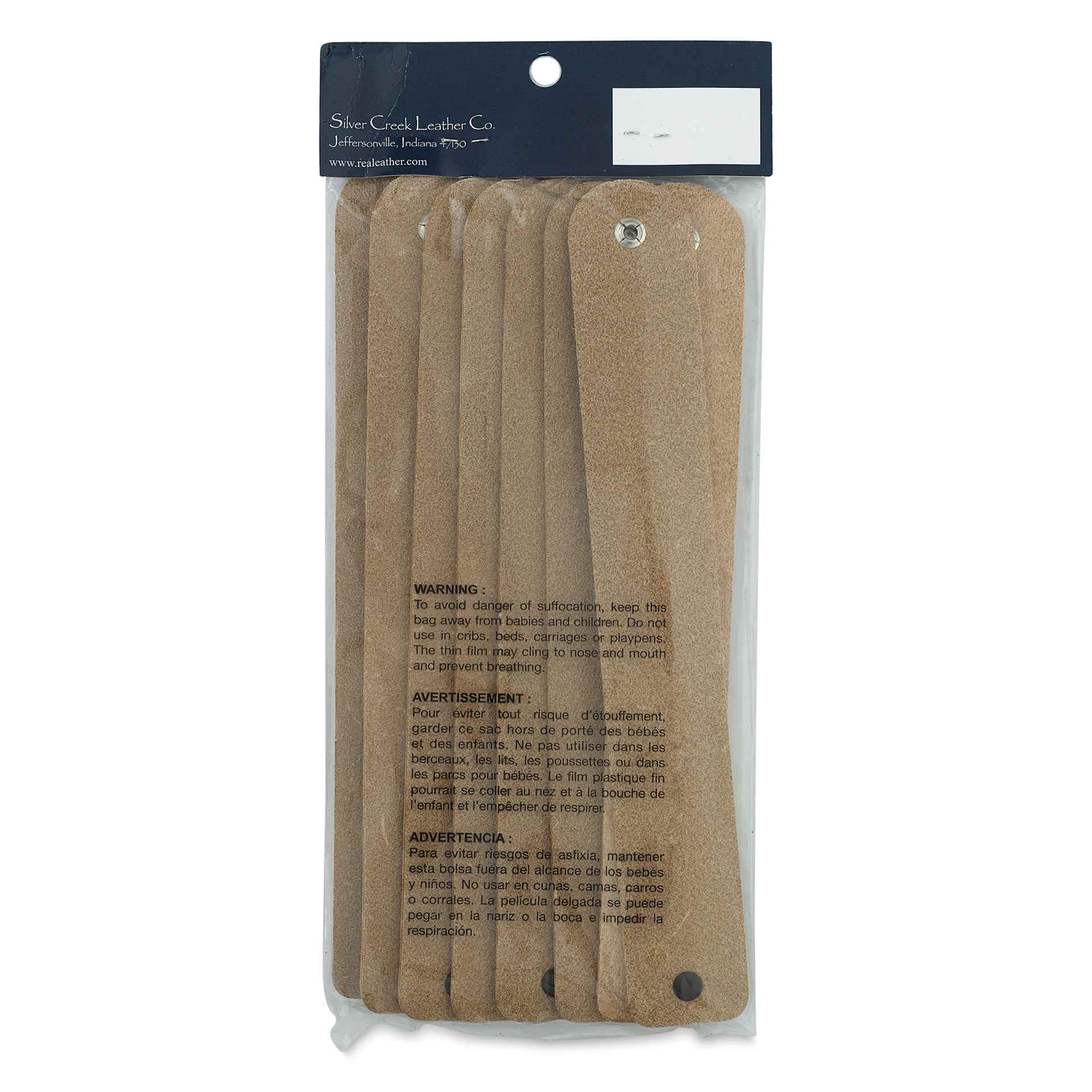 Realeather Leather Wristbands - Natural, 1-1/4" x 9", Pkg of 8, back of the packaging