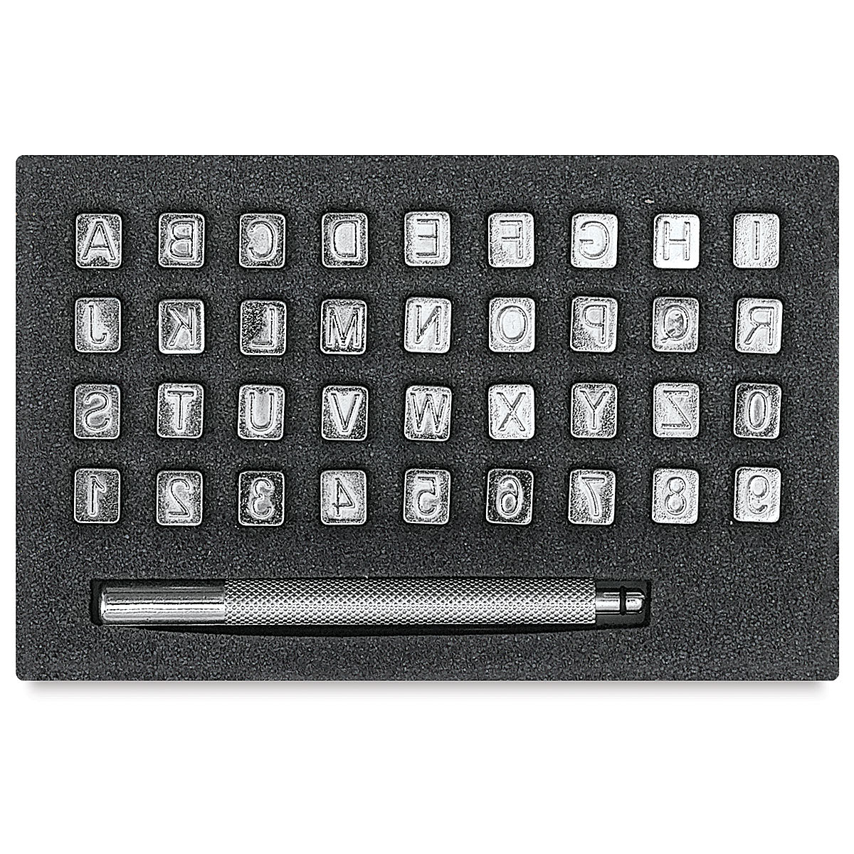 Realeather Leather Tooling Set - 1/4" Alphabet and Numbers with Handle, Set of 36 Stamps, contents