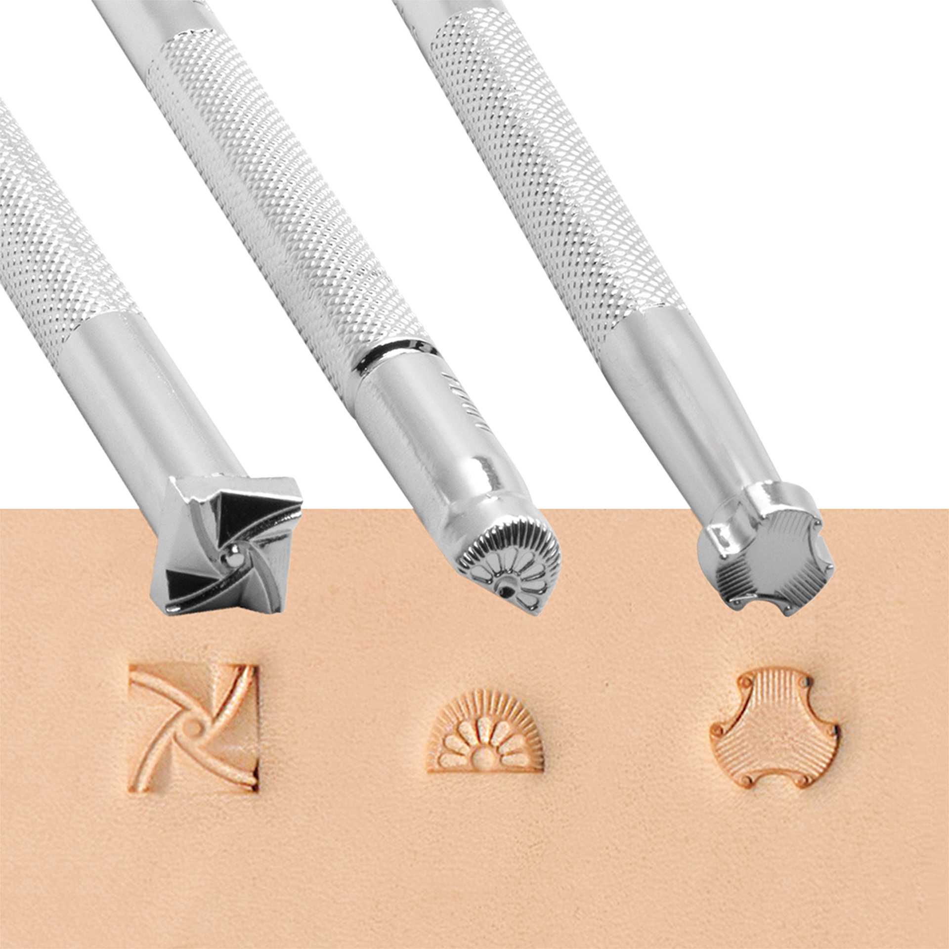 Realeather Geometric Stamp Set, with designs stamped on leather