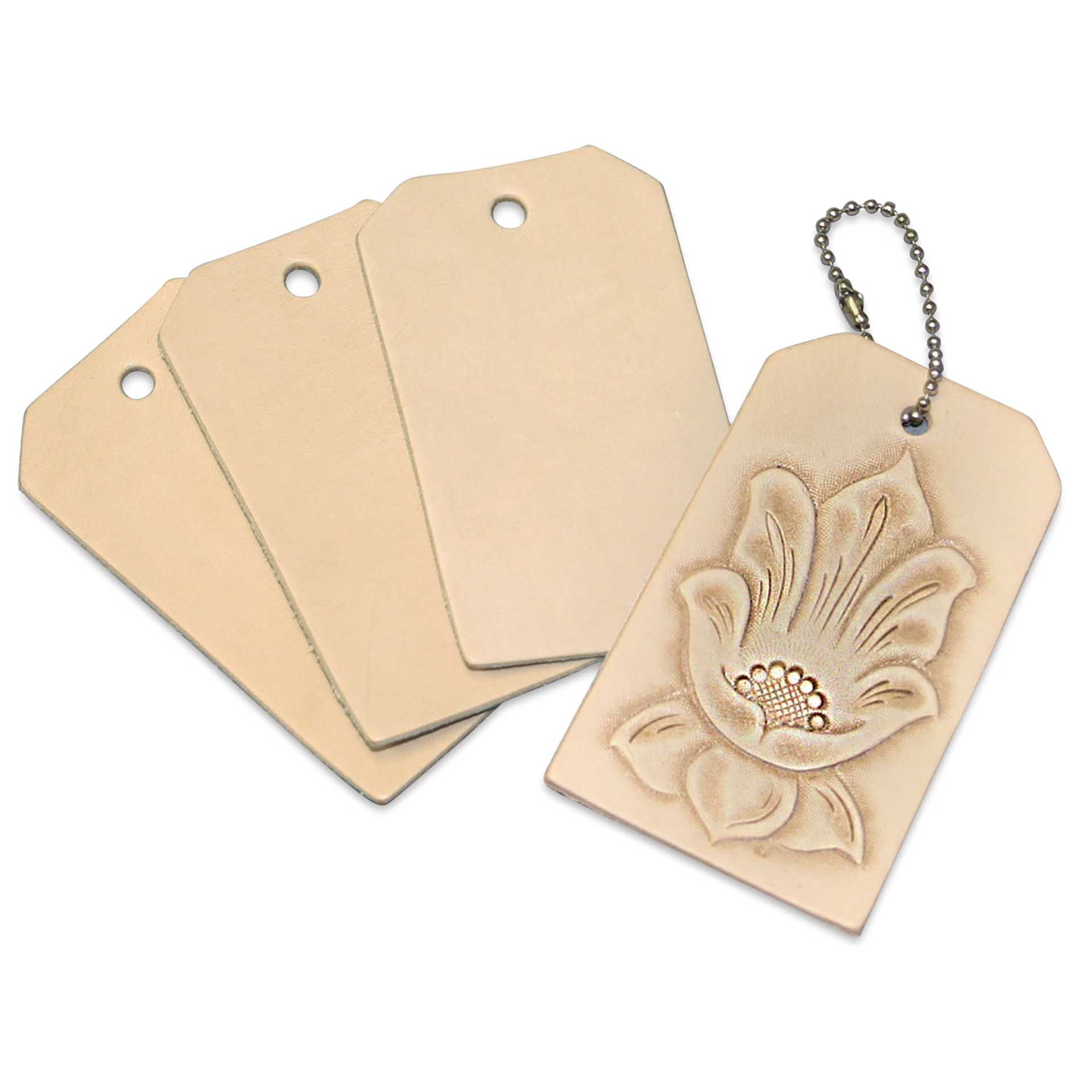Realeather Leather Tags - 3-1/2" x 2", Pkg of 8, outside of the packaging