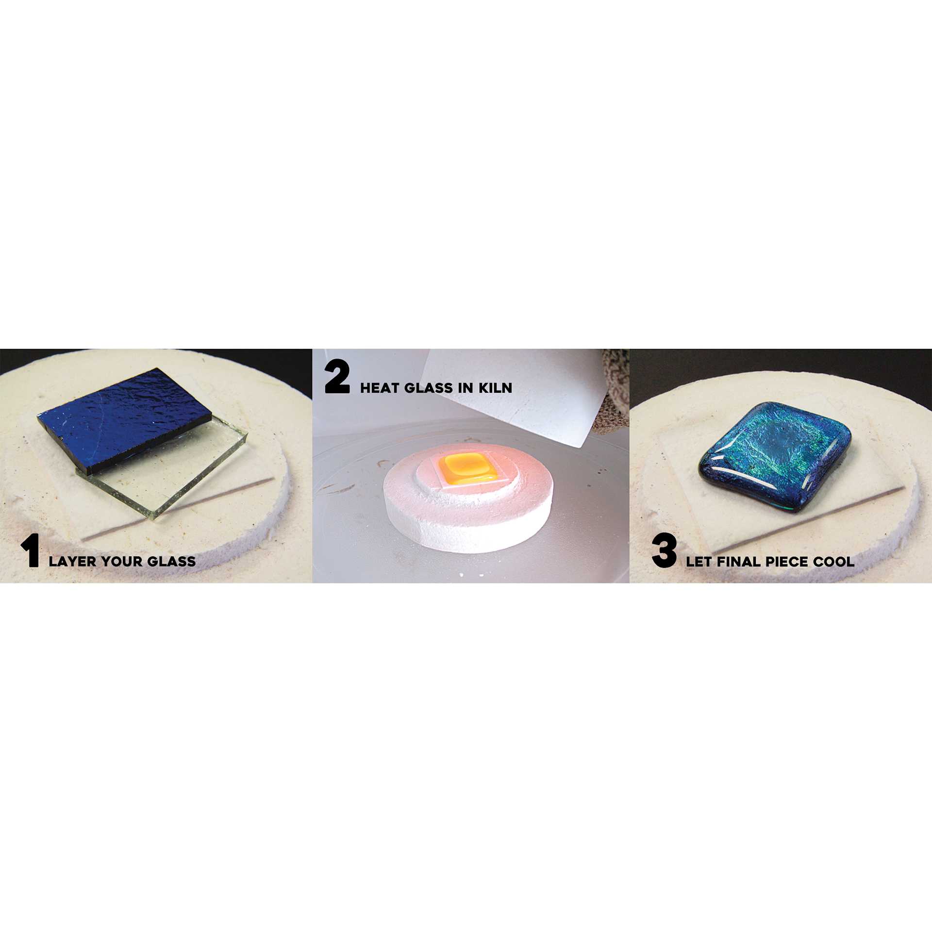 1. Layer your glass, 2. Heat glass in kiln, 3. Let final piece cool