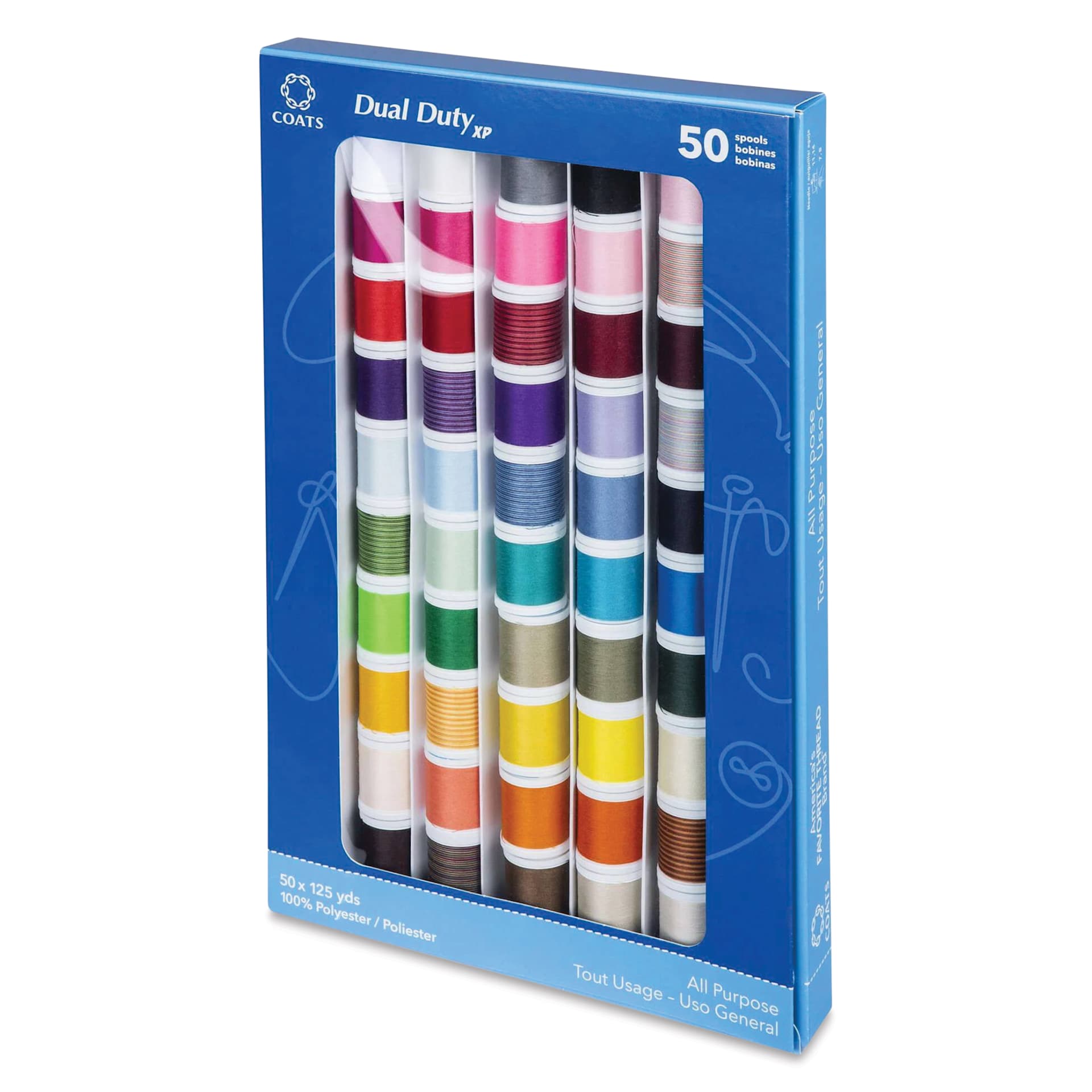 Coats & Clark Dual Duty XP All Purpose Thread Set - Set of 50, Assorted Colors packaging angled view