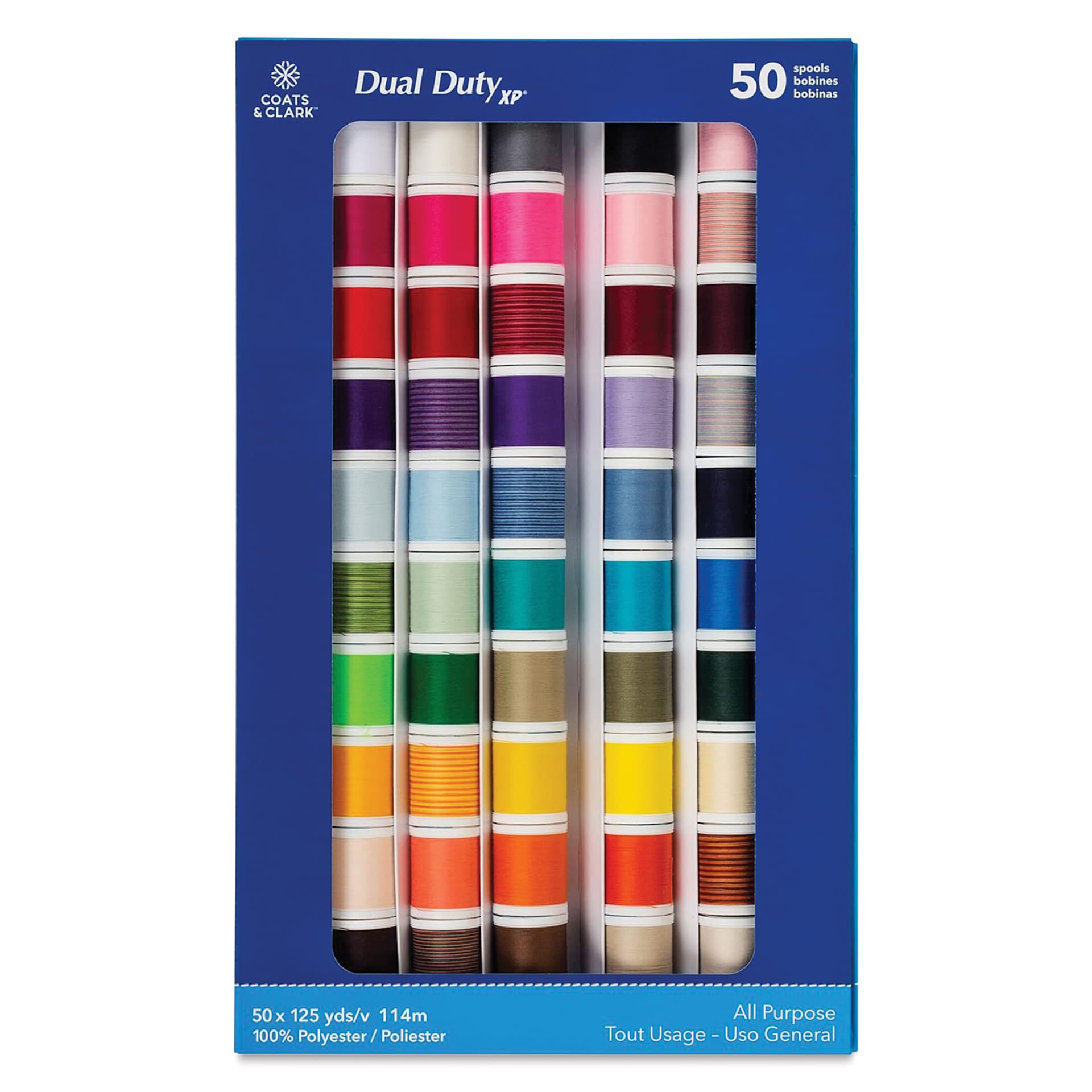 Coats & Clark Dual Duty XP All Purpose Thread Set - Set of 50, Assorted Colors front of packaging