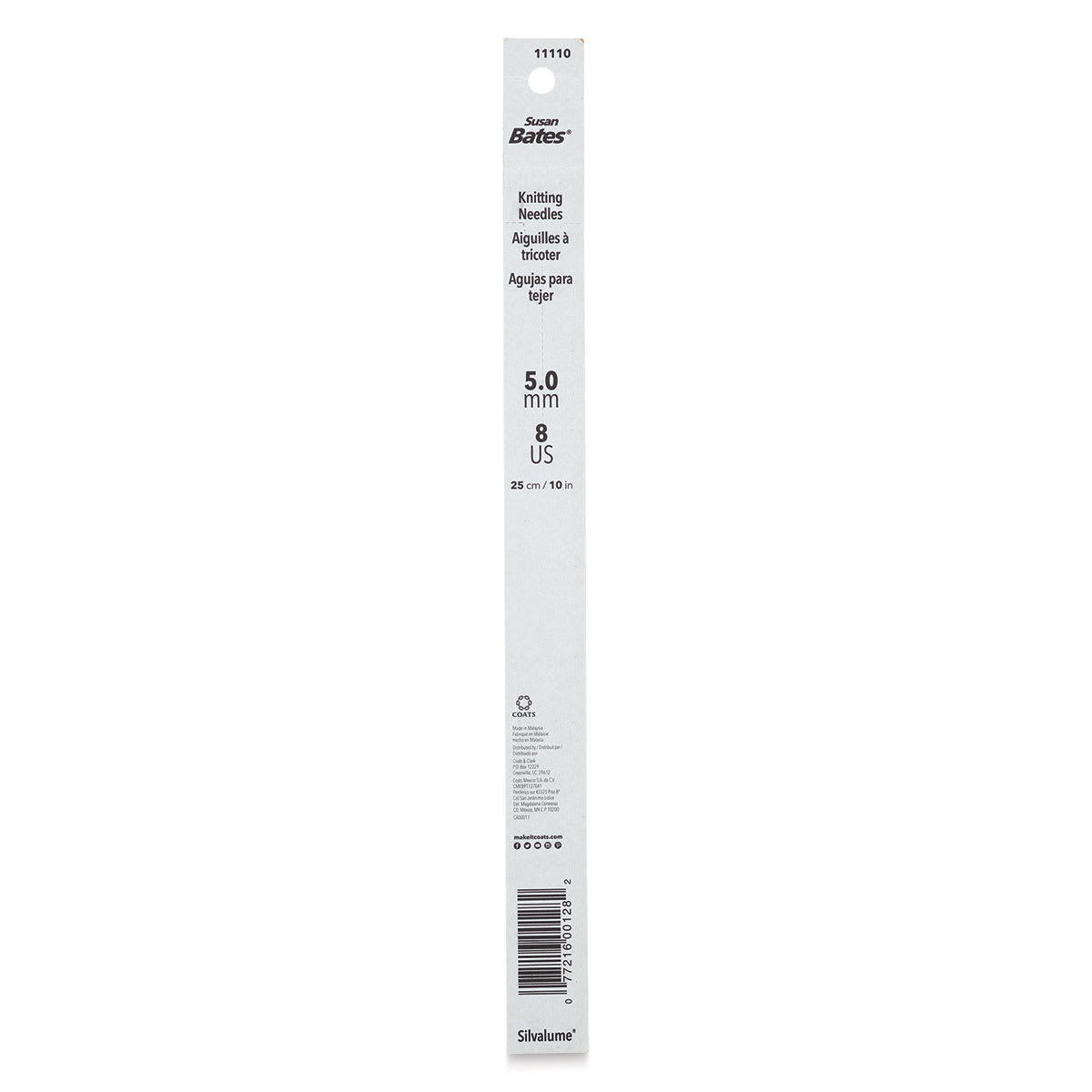 Susan Bates Silvalume Single Point Knitting Needles - Pkg of 2, 10", Size 8 - back of packaging