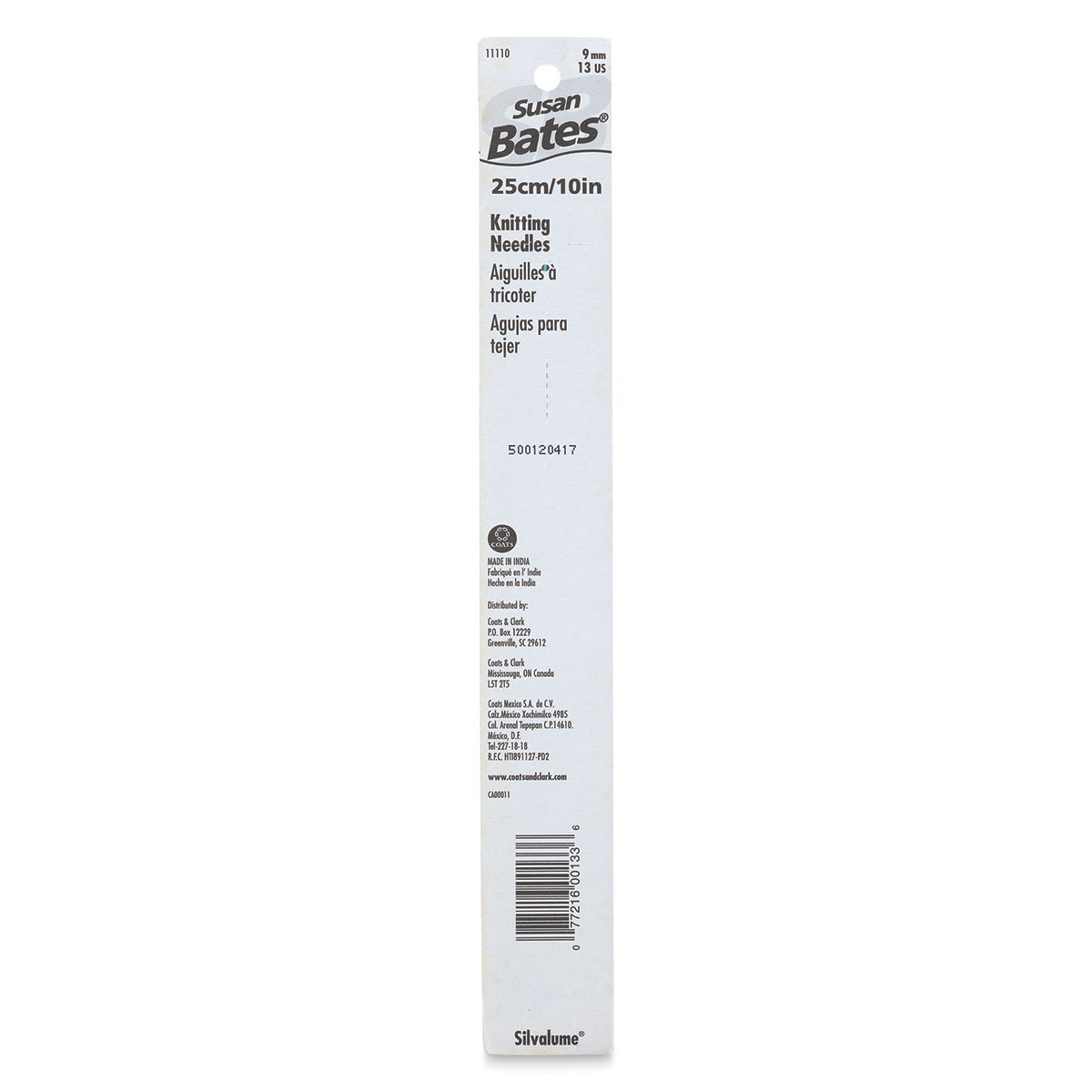Susan Bates Silvalume Single Point Knitting Needles - Pkg of 2, 10", Size 13 - back of packaging