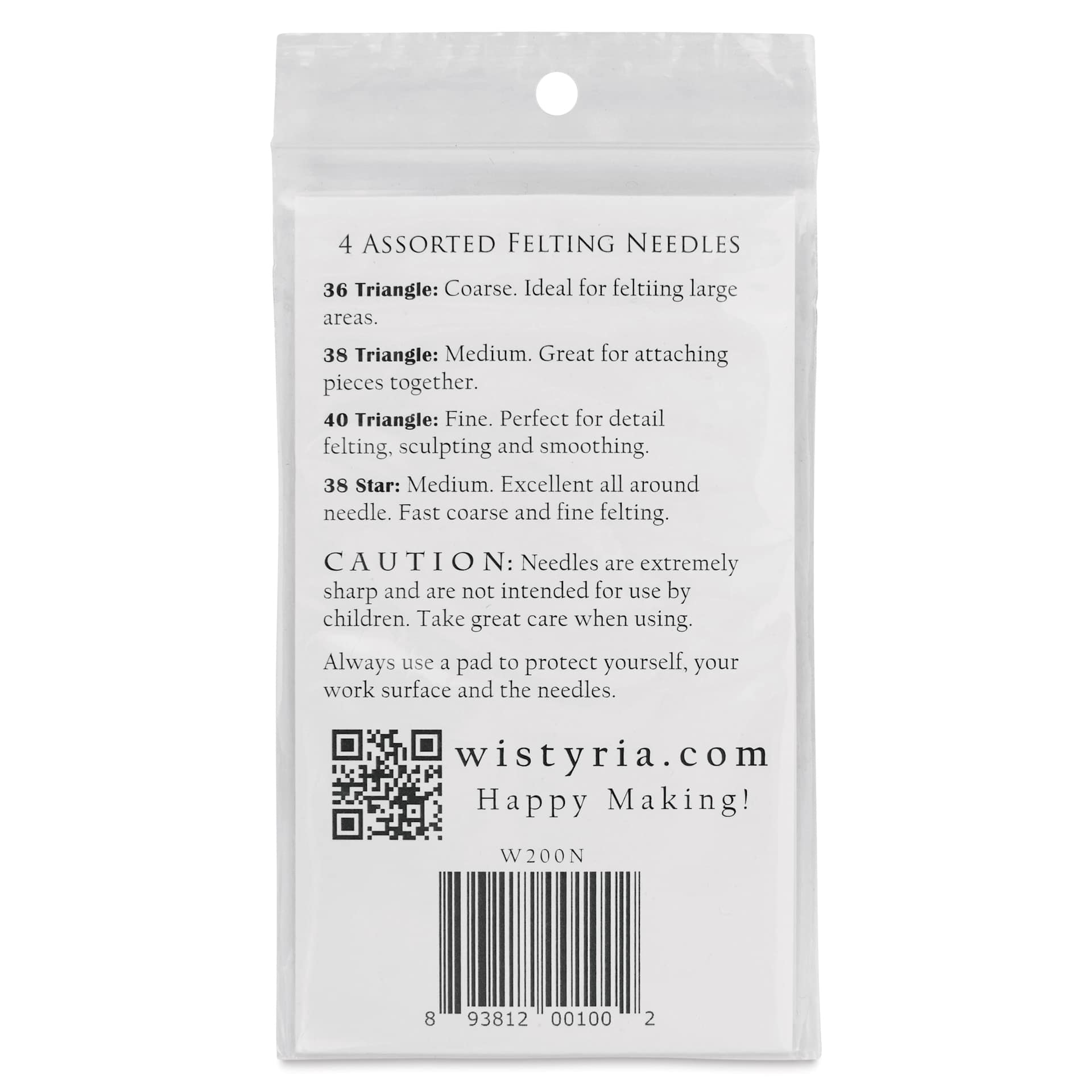 Wistyria Editions Felting Needles - Set of 4 - back of packaging
