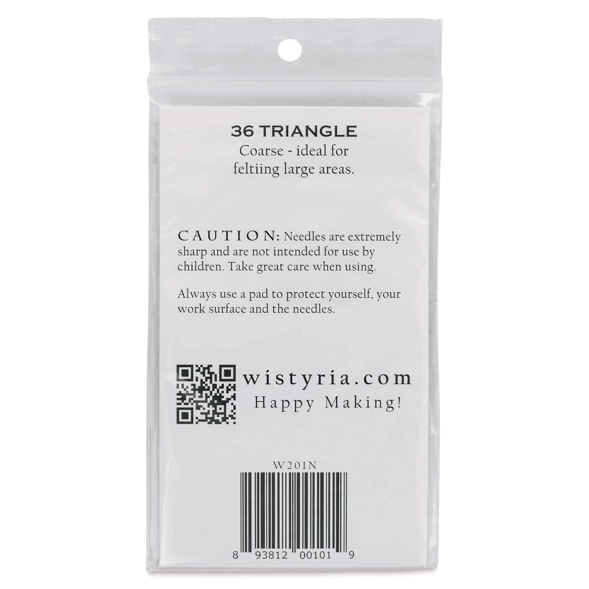 Wistyria Editions Felting Needles - Size 36, Triangle, Pkg of 4 - back of packaging