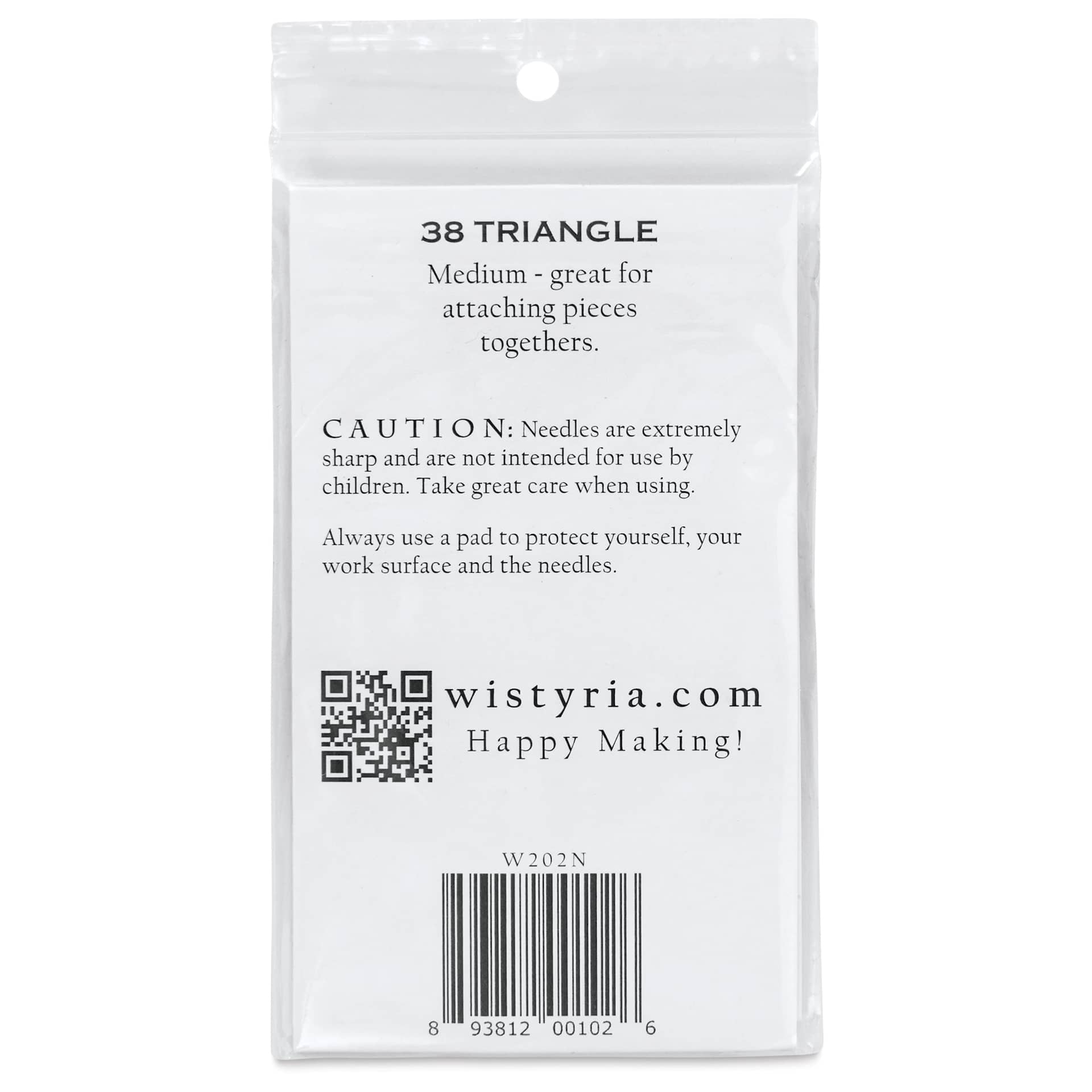 Wistyria Editions Felting Needles - Size 38, Triangle, Pkg of 4 - back of packaging