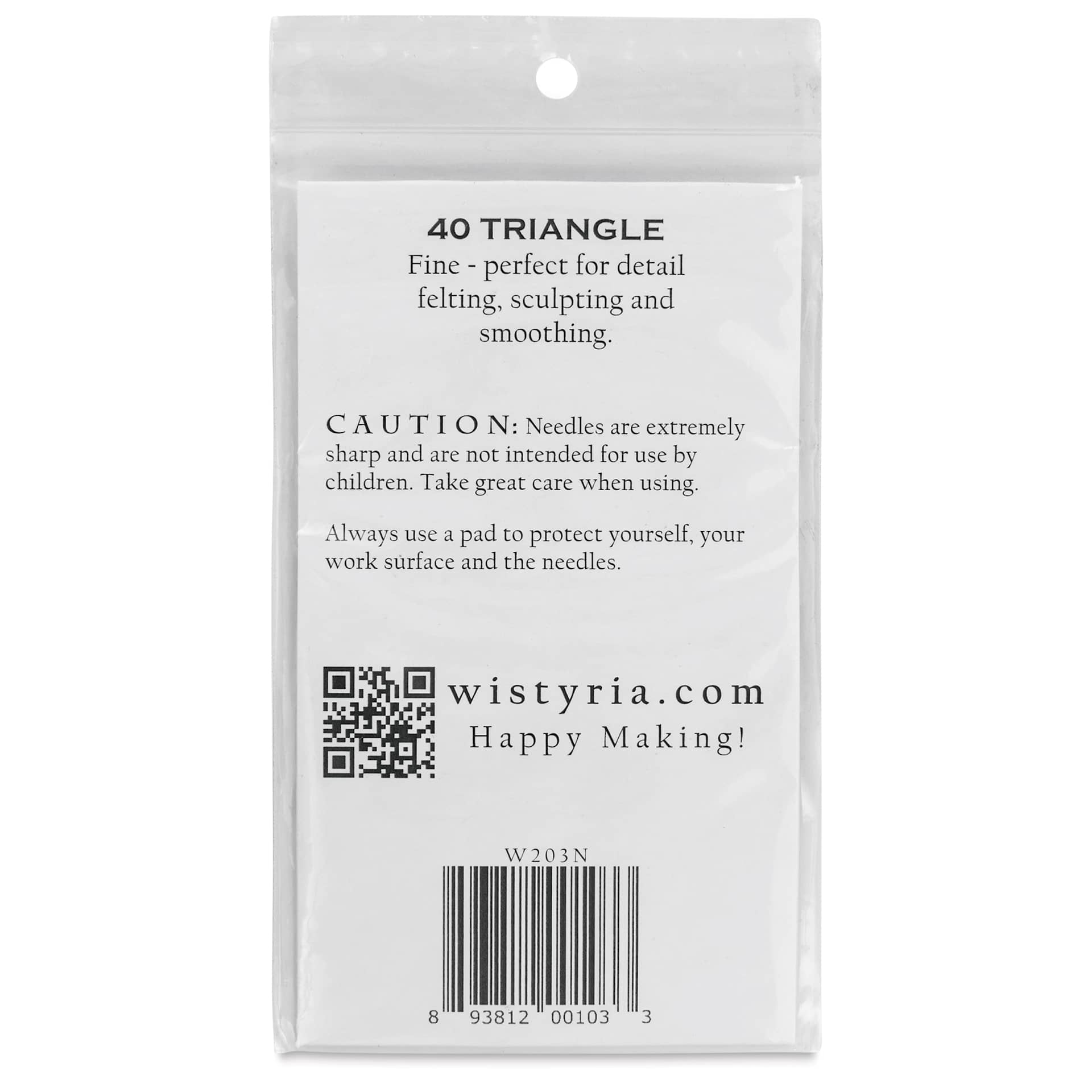 Wistyria Editions Felting Needles - Size 40, Triangle, Pkg of 4 - back of packaging