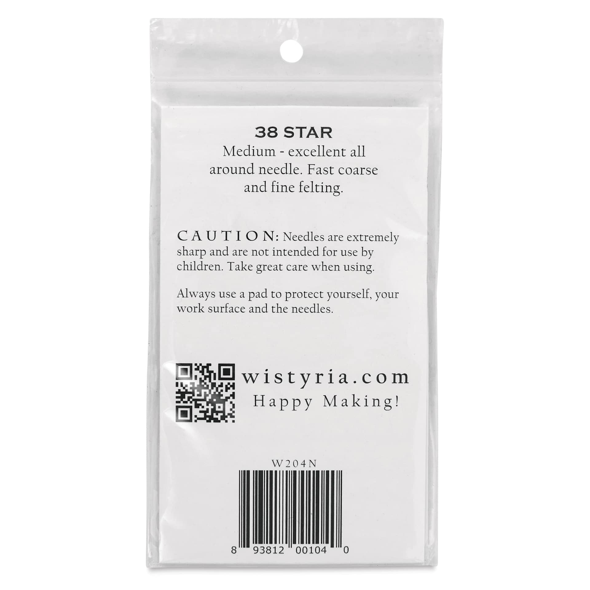 Wistyria Editions Felting Needles - Size 38, Star, Pkg of 4 - back of packaging