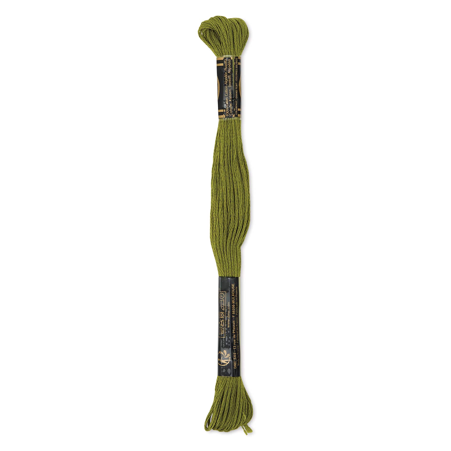 DMC Cotton Embroidery Floss - Dark Moss Green, 8-3/4 yards showing back of packaging