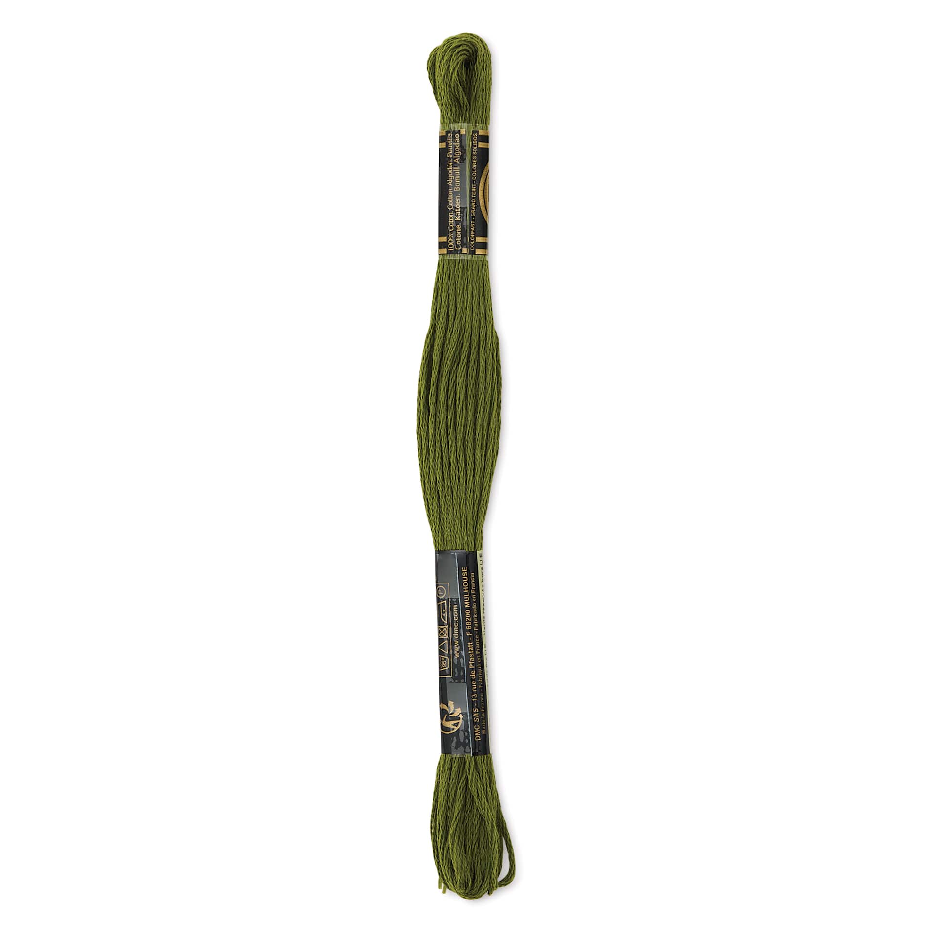 DMC Cotton Embroidery Floss - Avocado Green, 8-3/4 yards showing back of packaging