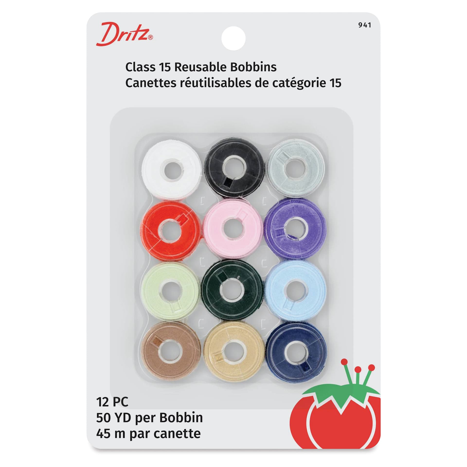 Dritz Class 15 Pre-Wound Reusable Bobbins - Set of 12, 50 yds front of packaging