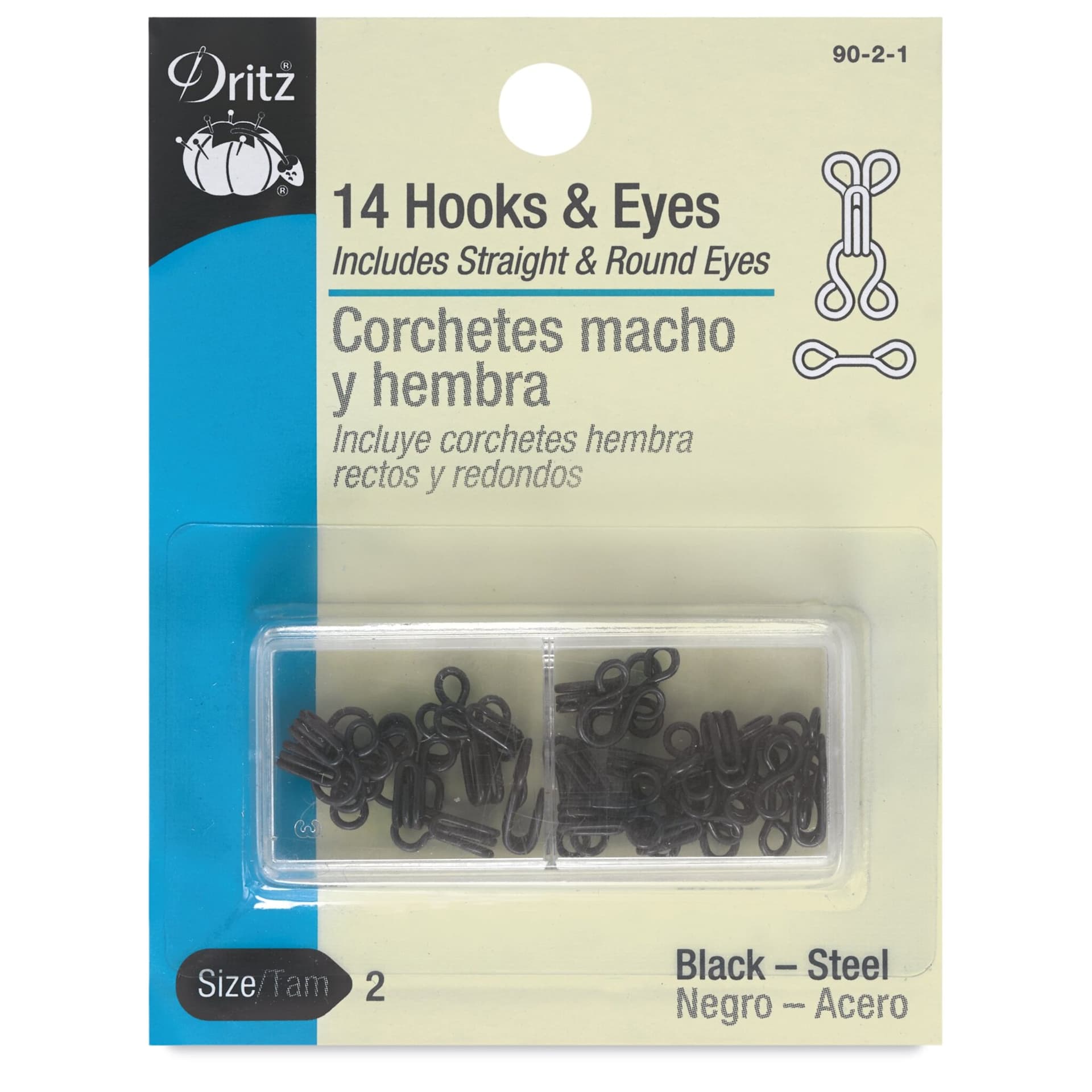 Dritz Sew on Fasteners - Hook and Eyes, Black, Size 2, Package of 14 (Front of package)