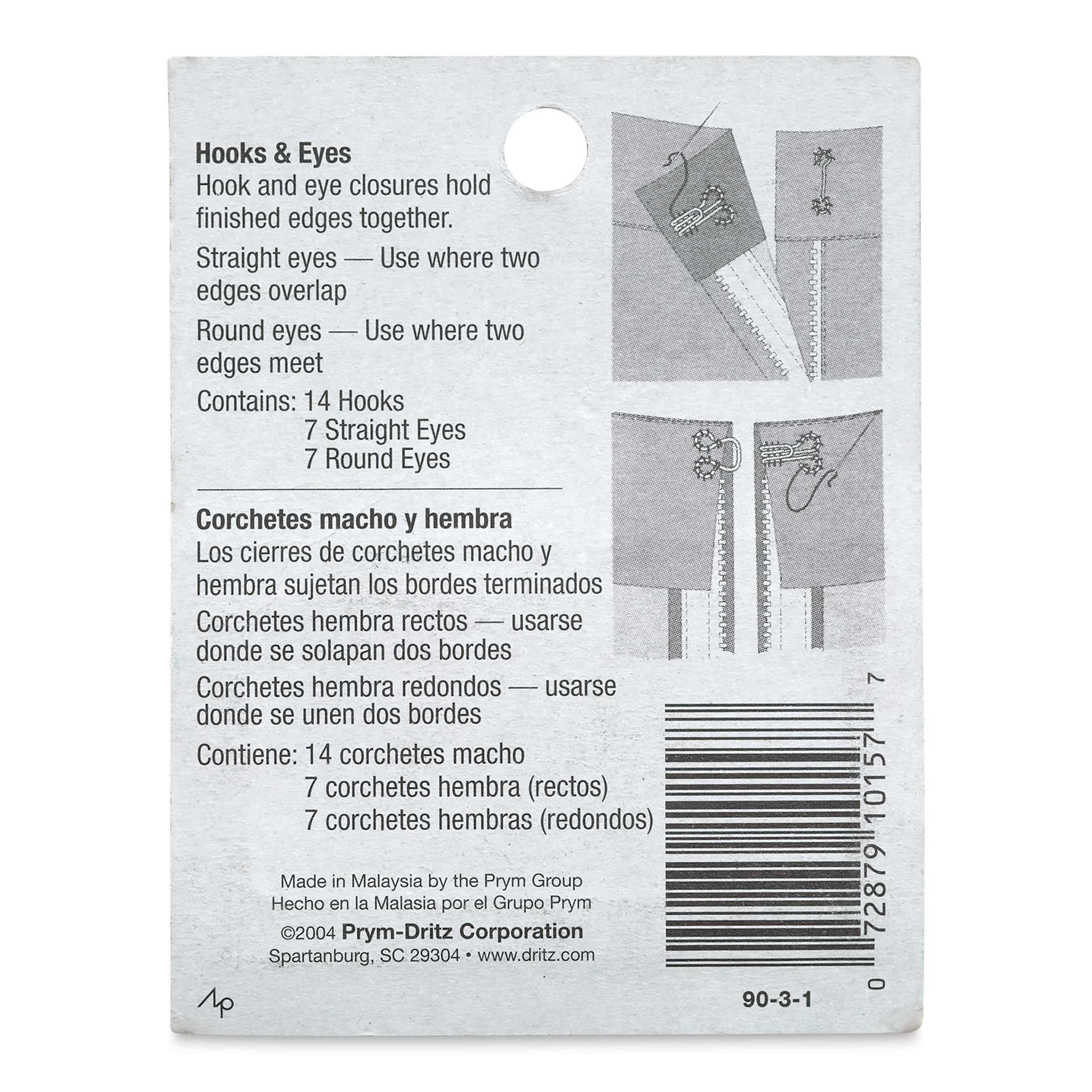 Dritz Sew on Fasteners - Hook and Eyes, Black, Size 3, Package of 14 (Back of package)