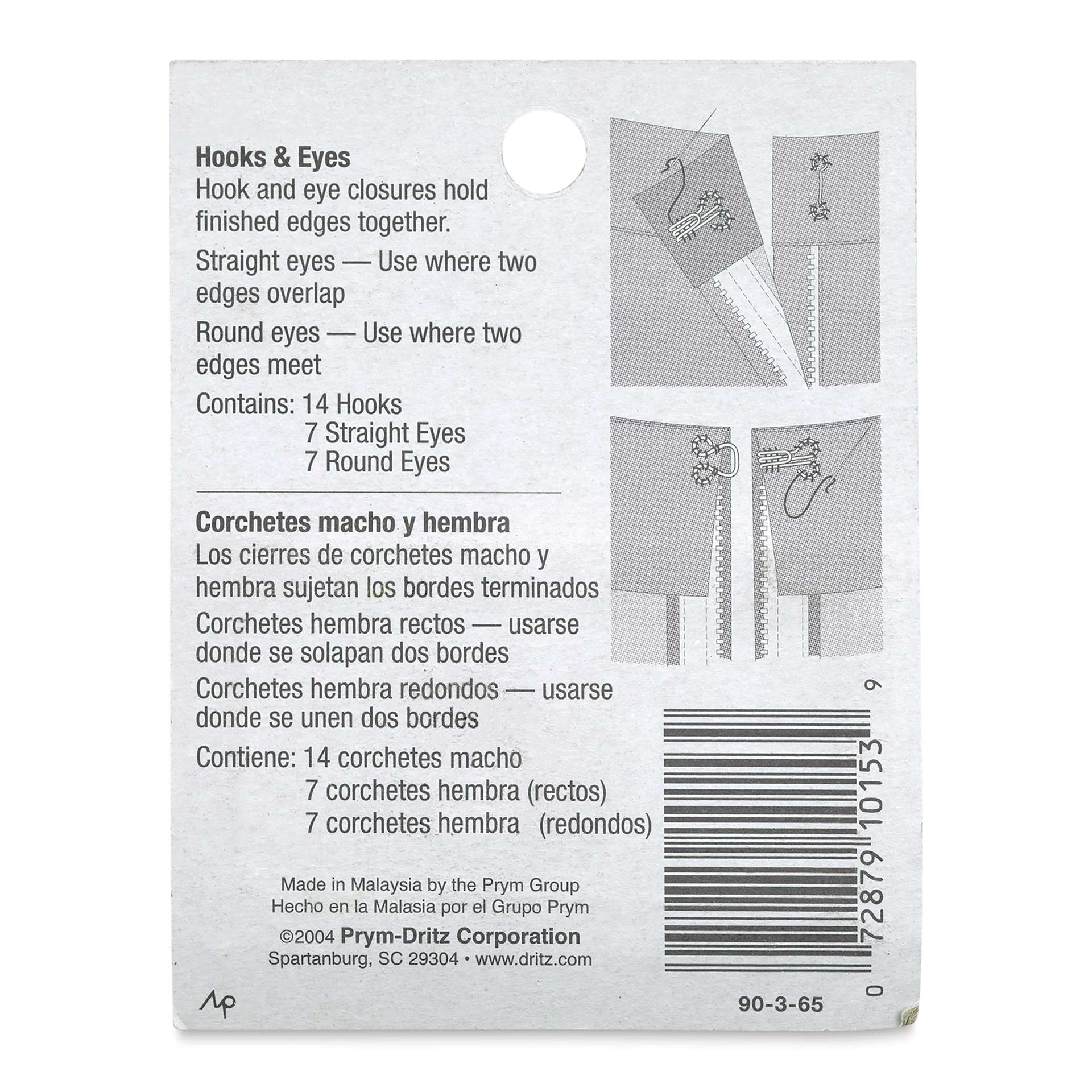 Dritz Sew on Fasteners - Hook and Eyes, Nickel Plated, Size 3, Package of 14 (Back of package)