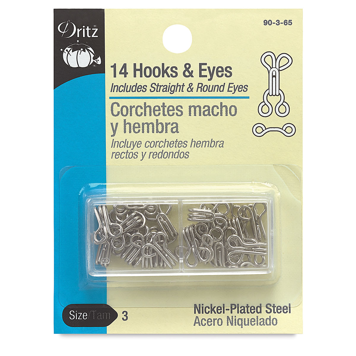 Dritz Sew on Fasteners - Hook and Eyes, Nickel Plated, Size 3, Package of 14 (Front of package)