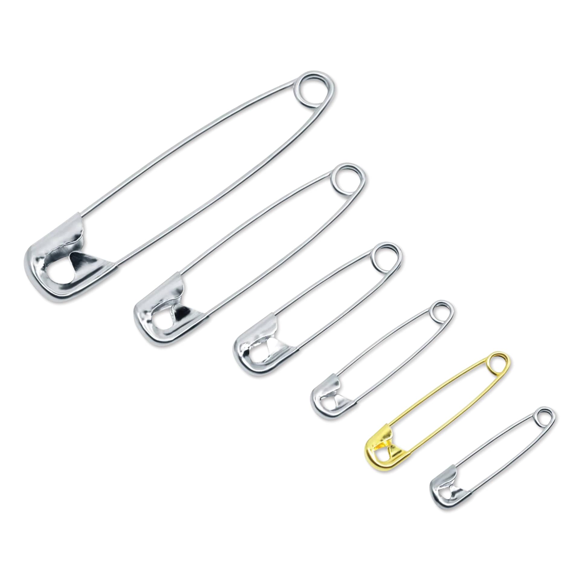 Dritz Safety Pins - Assorted Sizes, 6 of 100 pins laid outside of the packaging