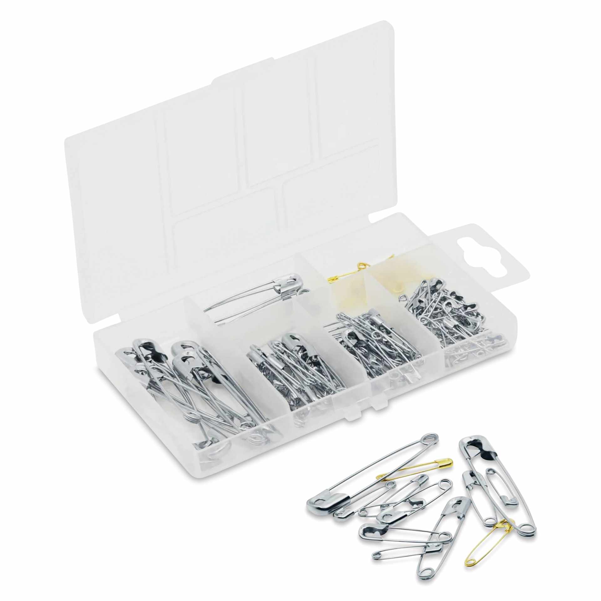 Dritz Safety Pins - Assorted Sizes, Pkg of 100 with open Storage Box with mixed pin array