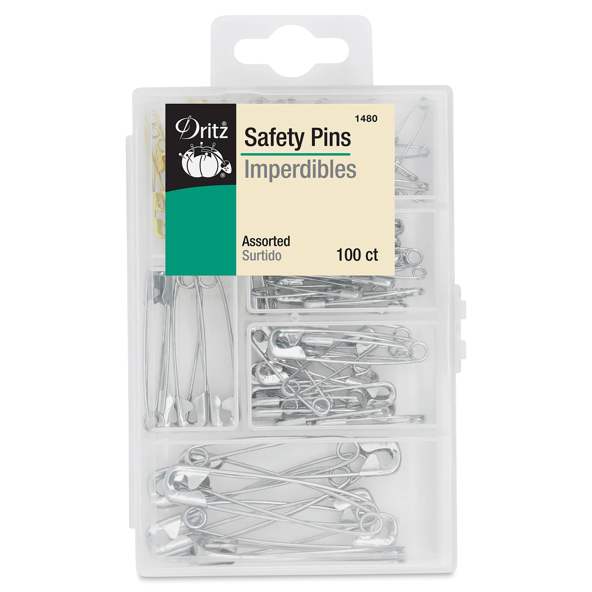 Dritz Safety Pins - Assorted Sizes, Pkg of 100 with closed Storage Box, top-view