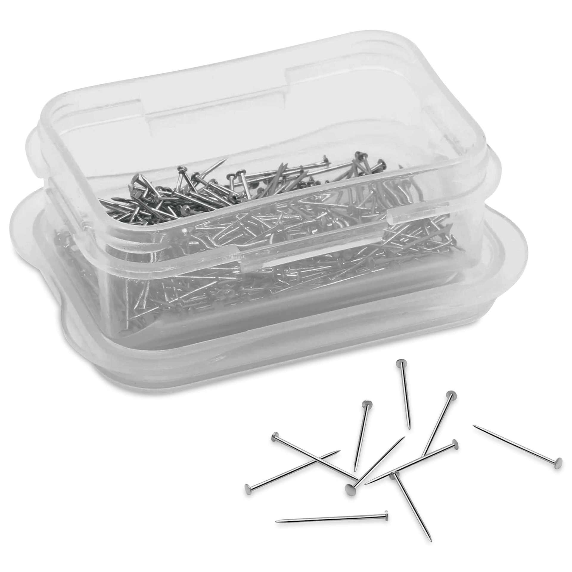 Dritz Sequin Lills Pins - 1/2", Pkg of 350 storage box open beside cluster of pins