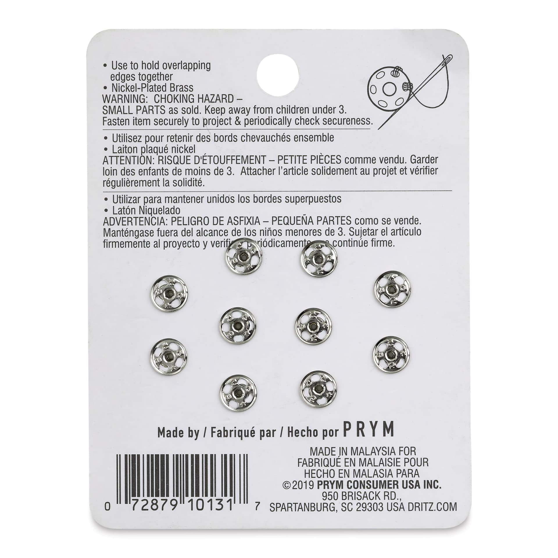 Dritz Sew on Fasteners - Snaps, Nickel Plated, Package of 10 (Back of package)