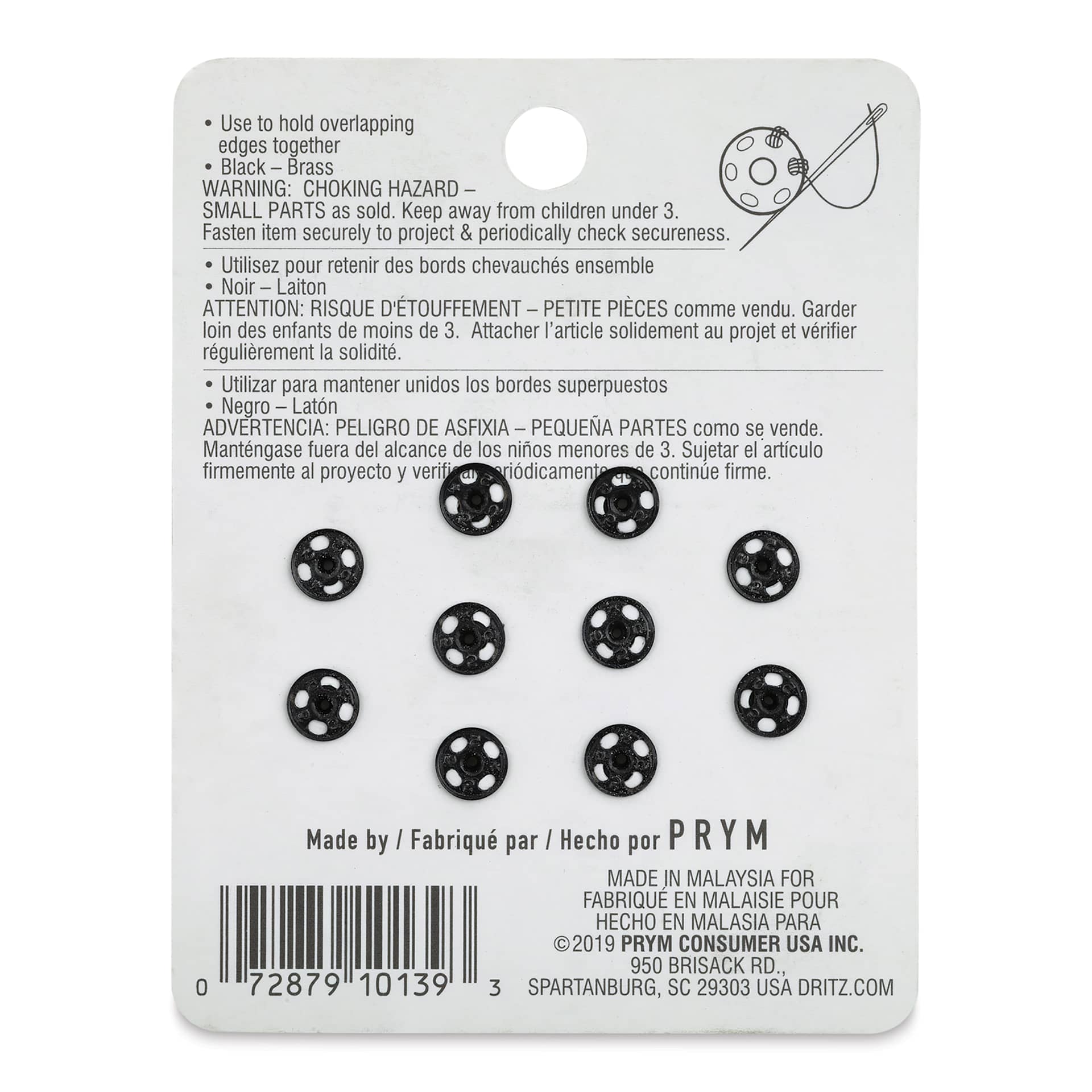Dritz Sew on Fasteners - Snaps, Black, Package of 10 (Back of package)