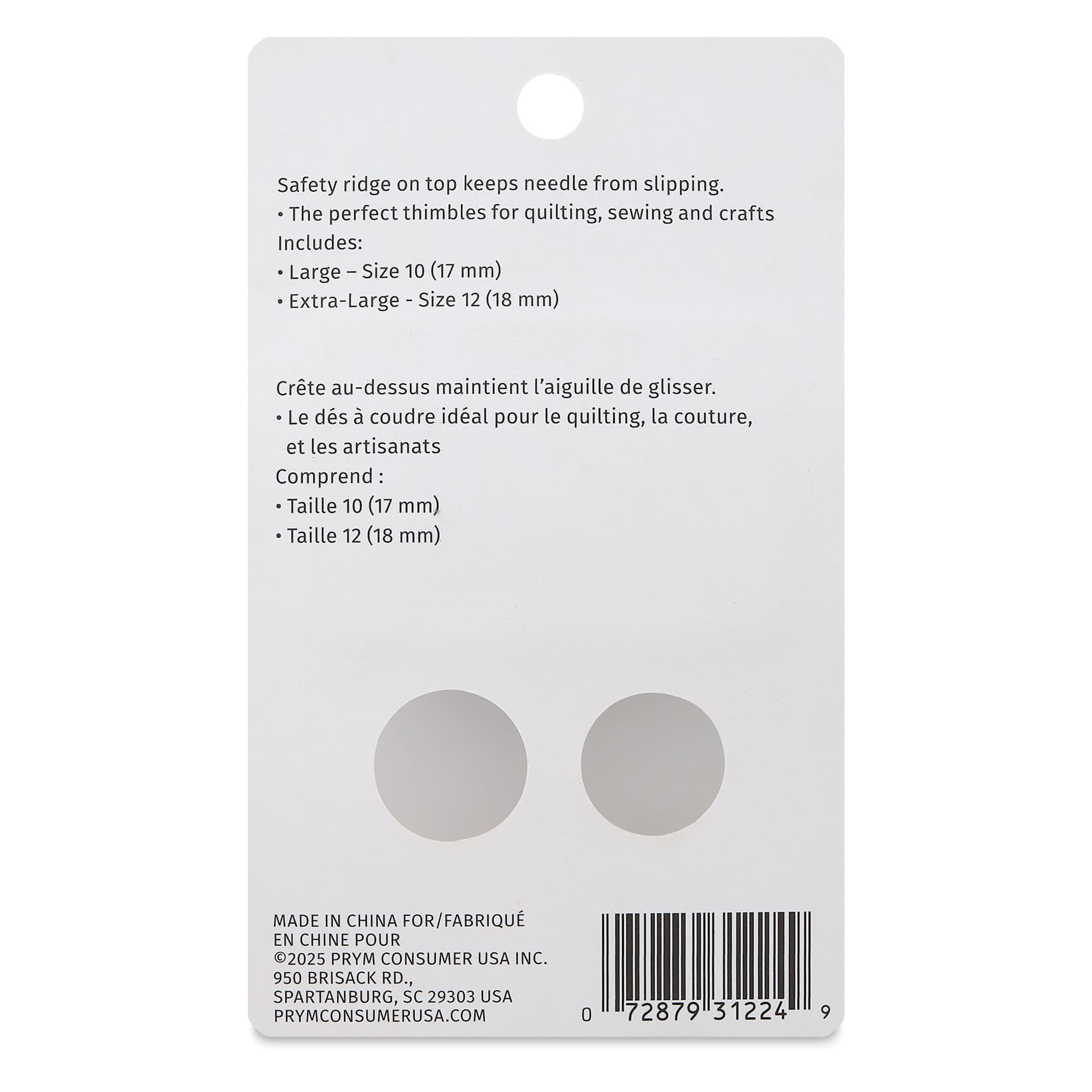 Dritz Slip-Stop Thimble - Set of 2, Large and Extra Large back of packaging