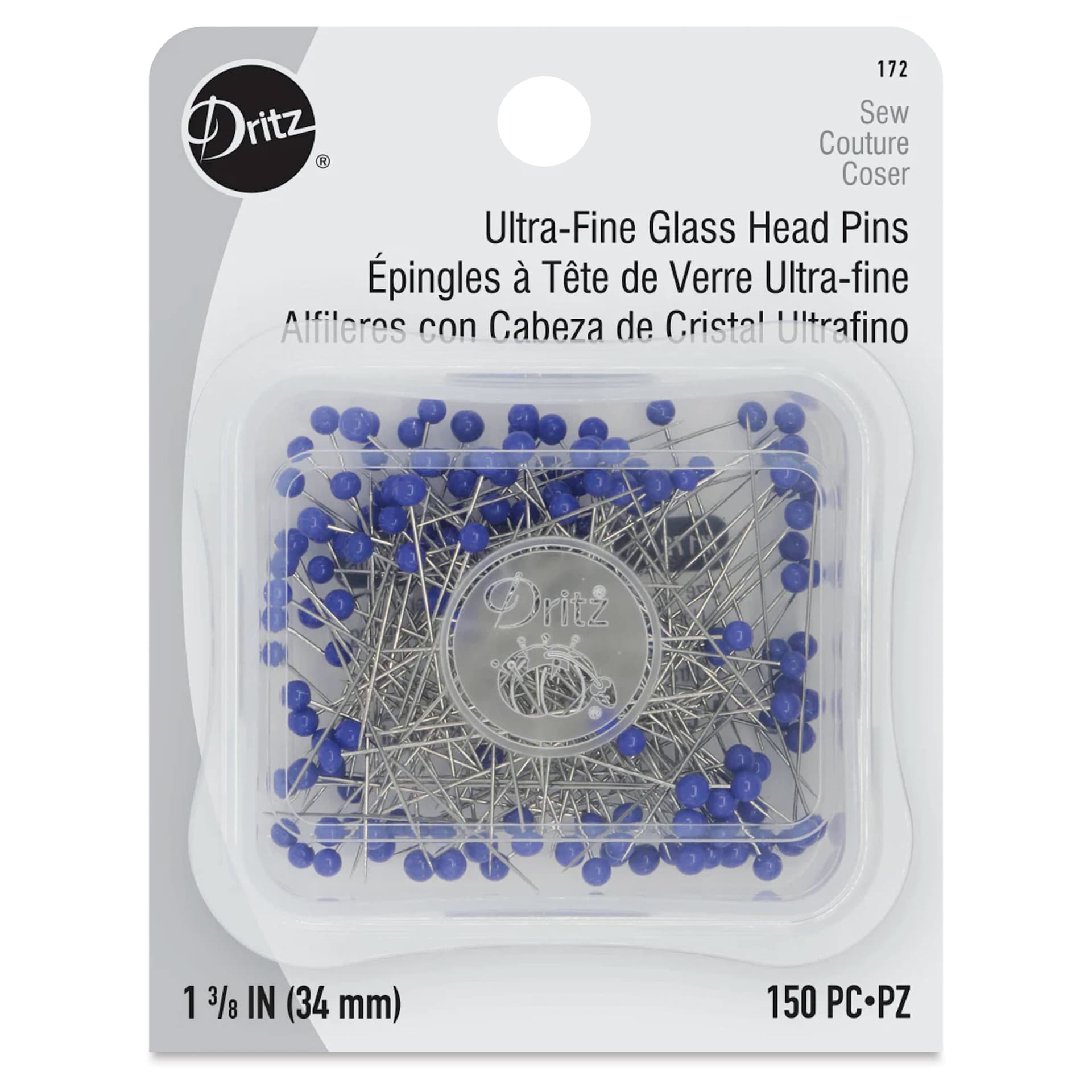 Dritz Ultra-Fine Glass Head Pins - Pkg of 150, front of the packaging