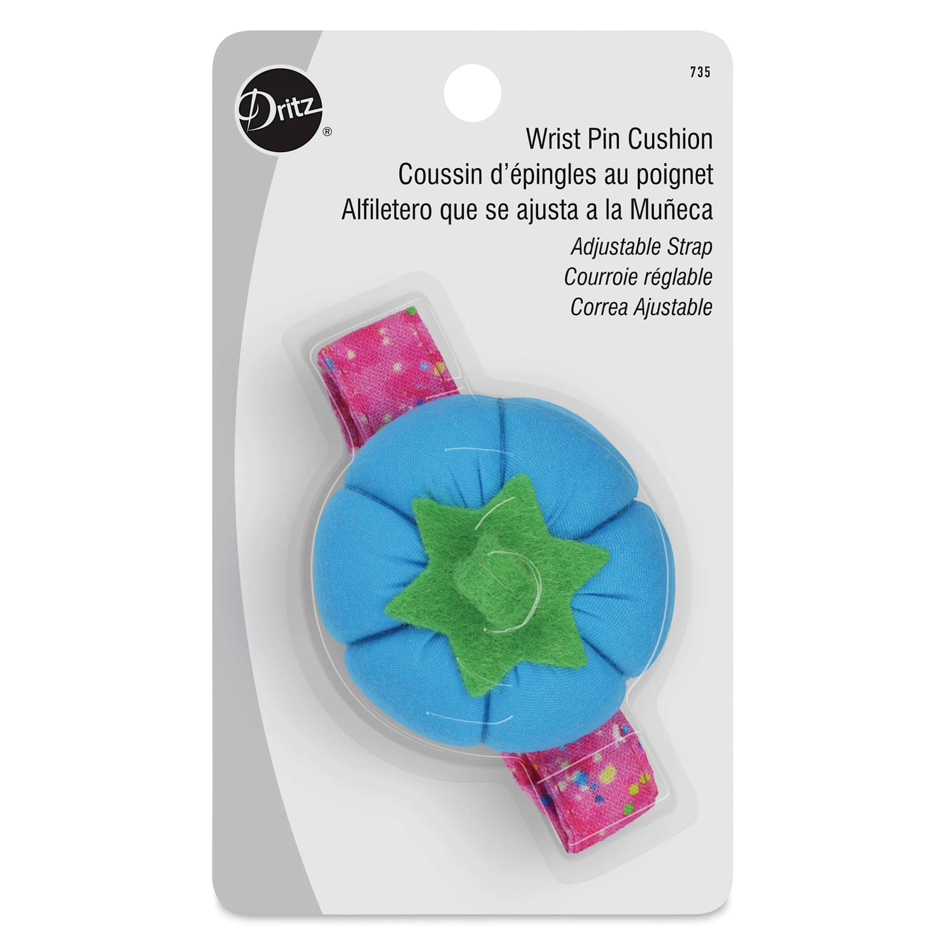 Dritz Tomato Wrist Pin Cushion - Blue front of packaging