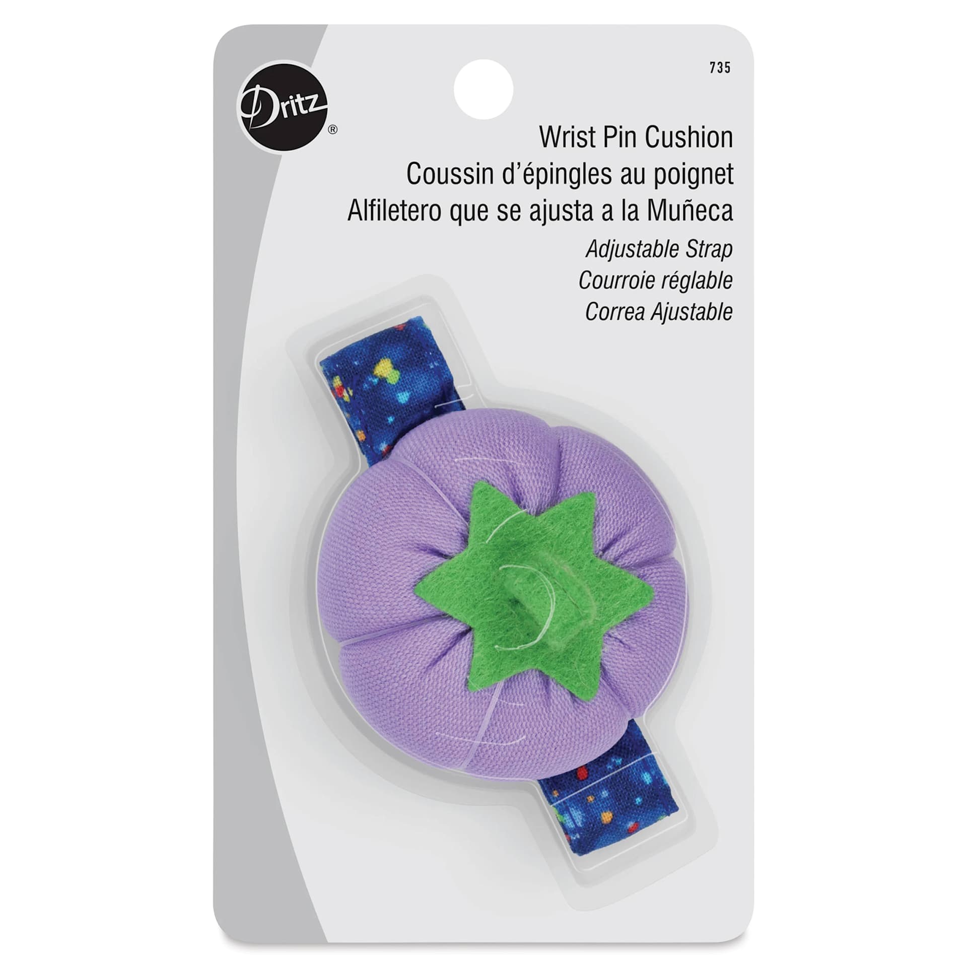 Dritz Tomato Wrist Pin Cushion - Violet front of packaging