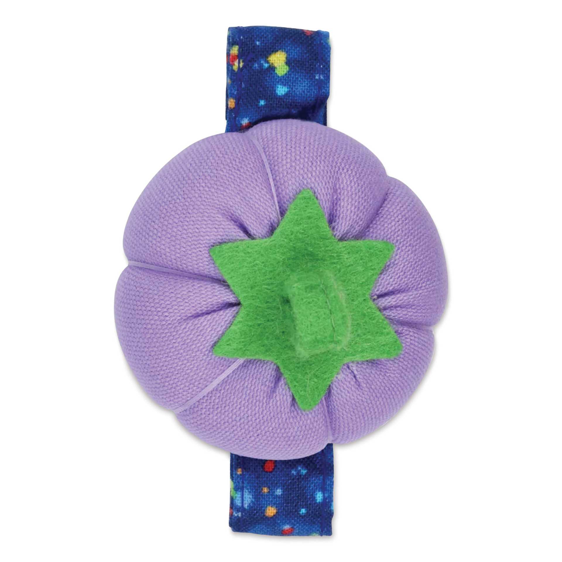 Dritz Tomato Wrist Pin Cushion - Violet out of packaging close-up