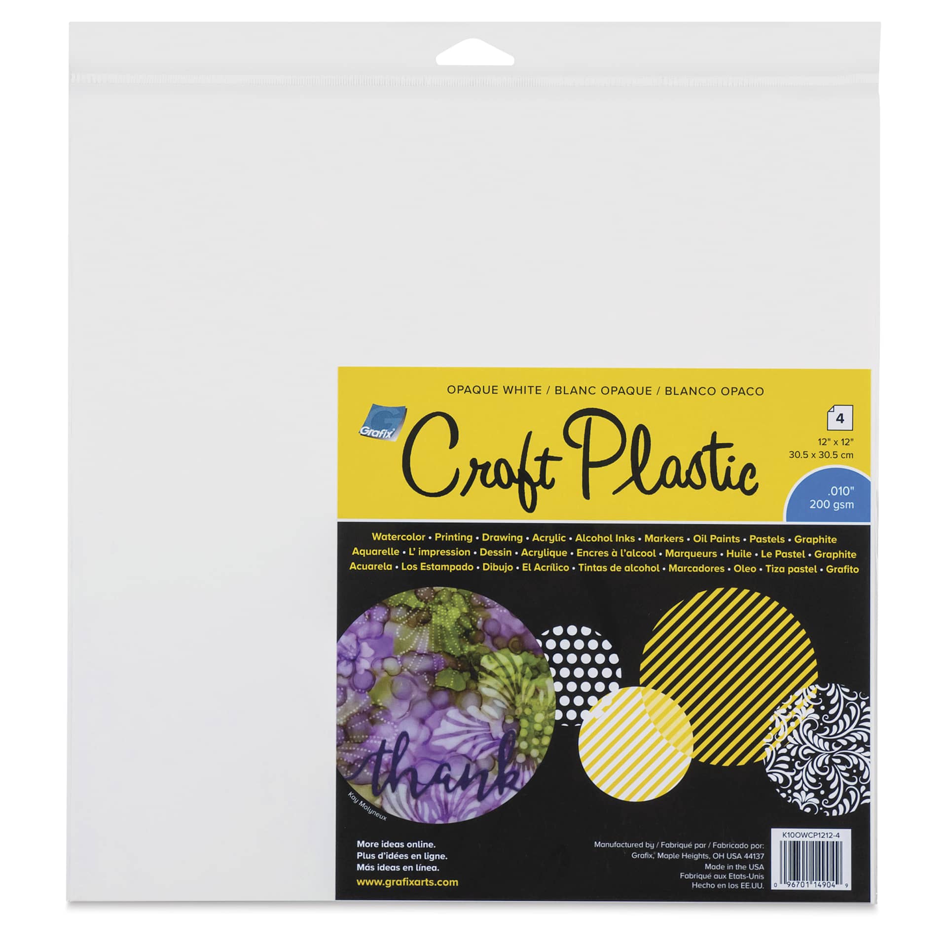 Grafix Craft Plastic Sheets - White, 12" x 12", 0.010" Thick, Pkg of 4