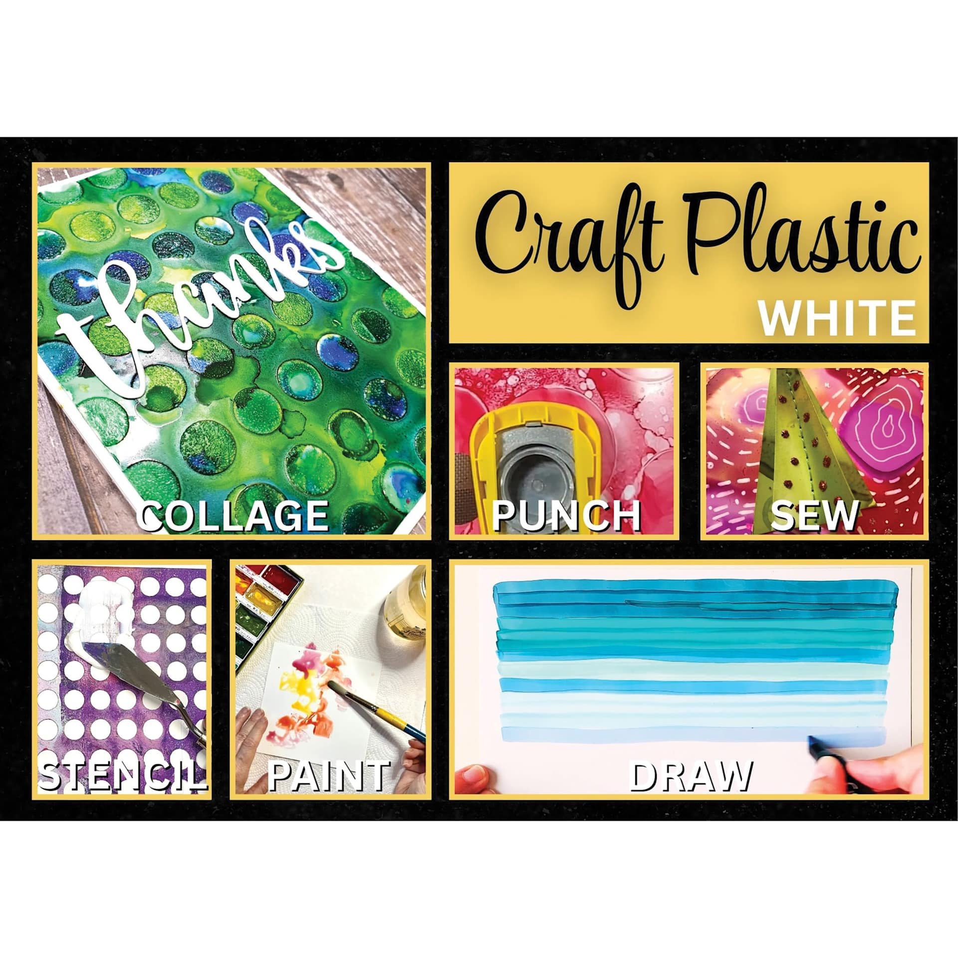 Craft Plastic White. Collage. Punch. Sew. Stencil. Paint. Draw.