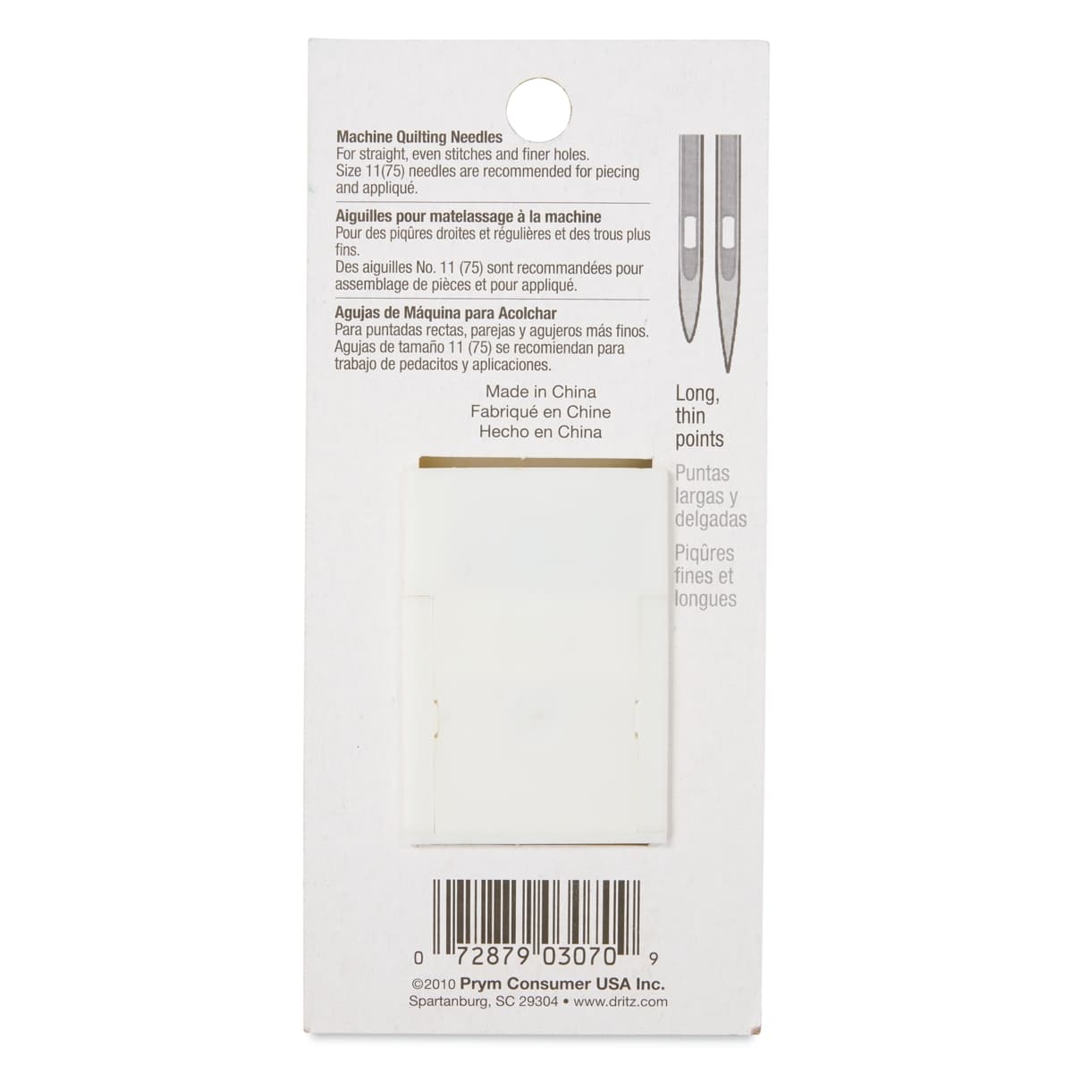 Dritz Machine Quilting Needles - Size 11, Pkg of 4 - back of packaging