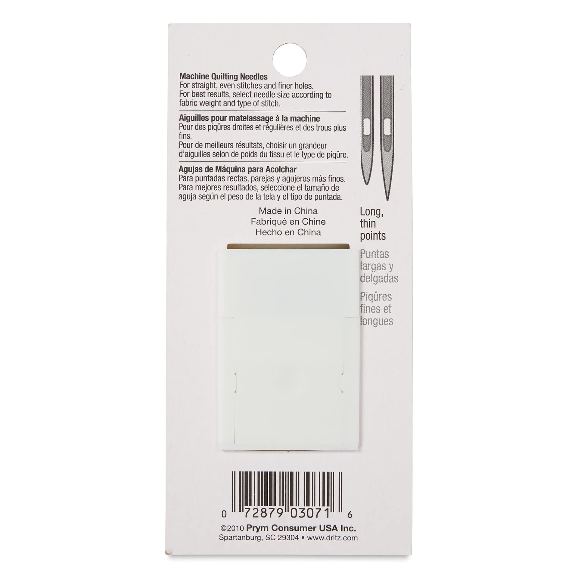 Dritz Machine Quilting Needles - Assorted Sizes, Set of 5 - back of packaging