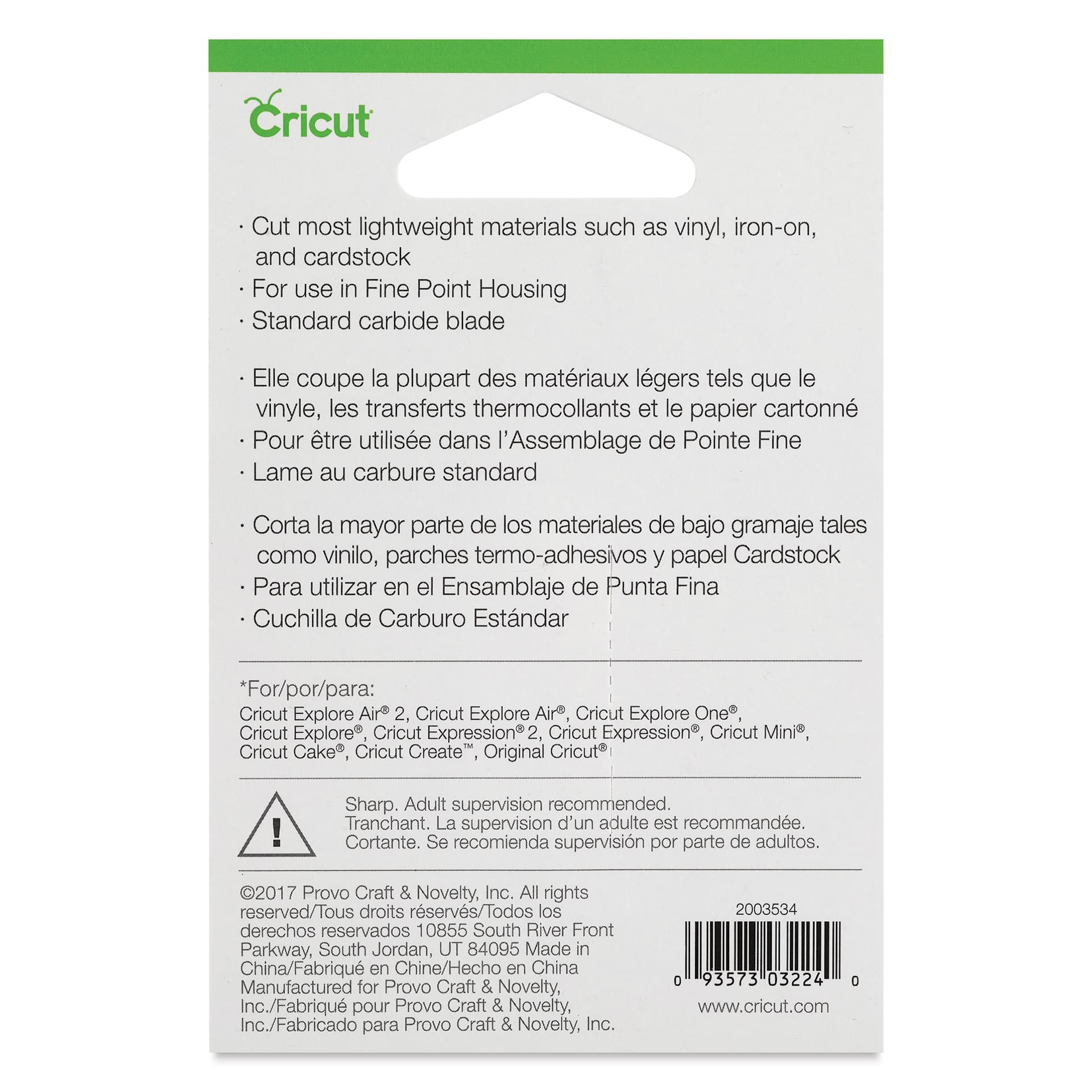 Cricut Blade - Fine Point Blade - back of packaging
