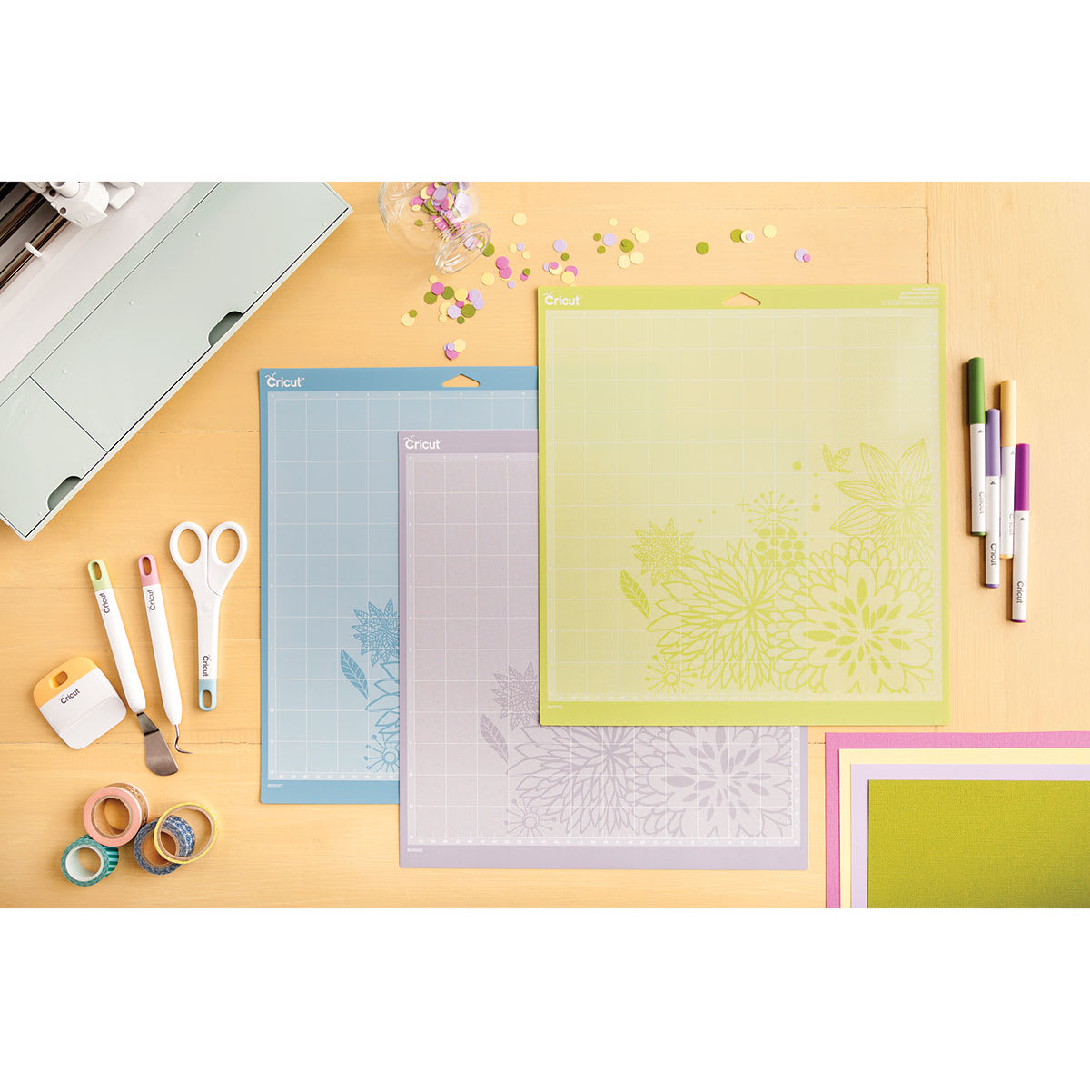 Cricut Adhesive Cutting Mats - Top view of All 3 Cutting Mats on Desk with various art supplies