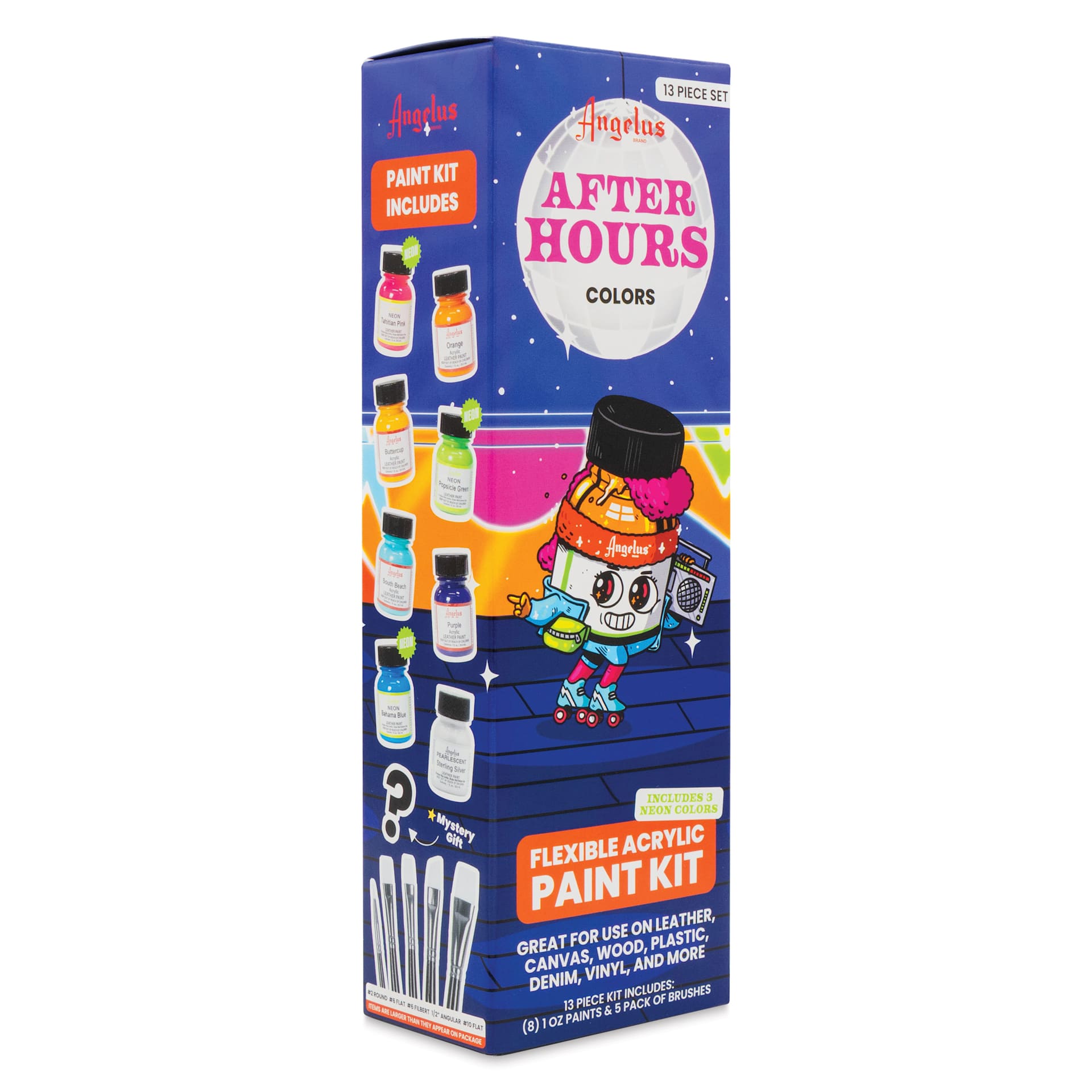Angelus Acrylic Leather Paints - After Hours Kit, 1 oz packaging angled view showing left side of box