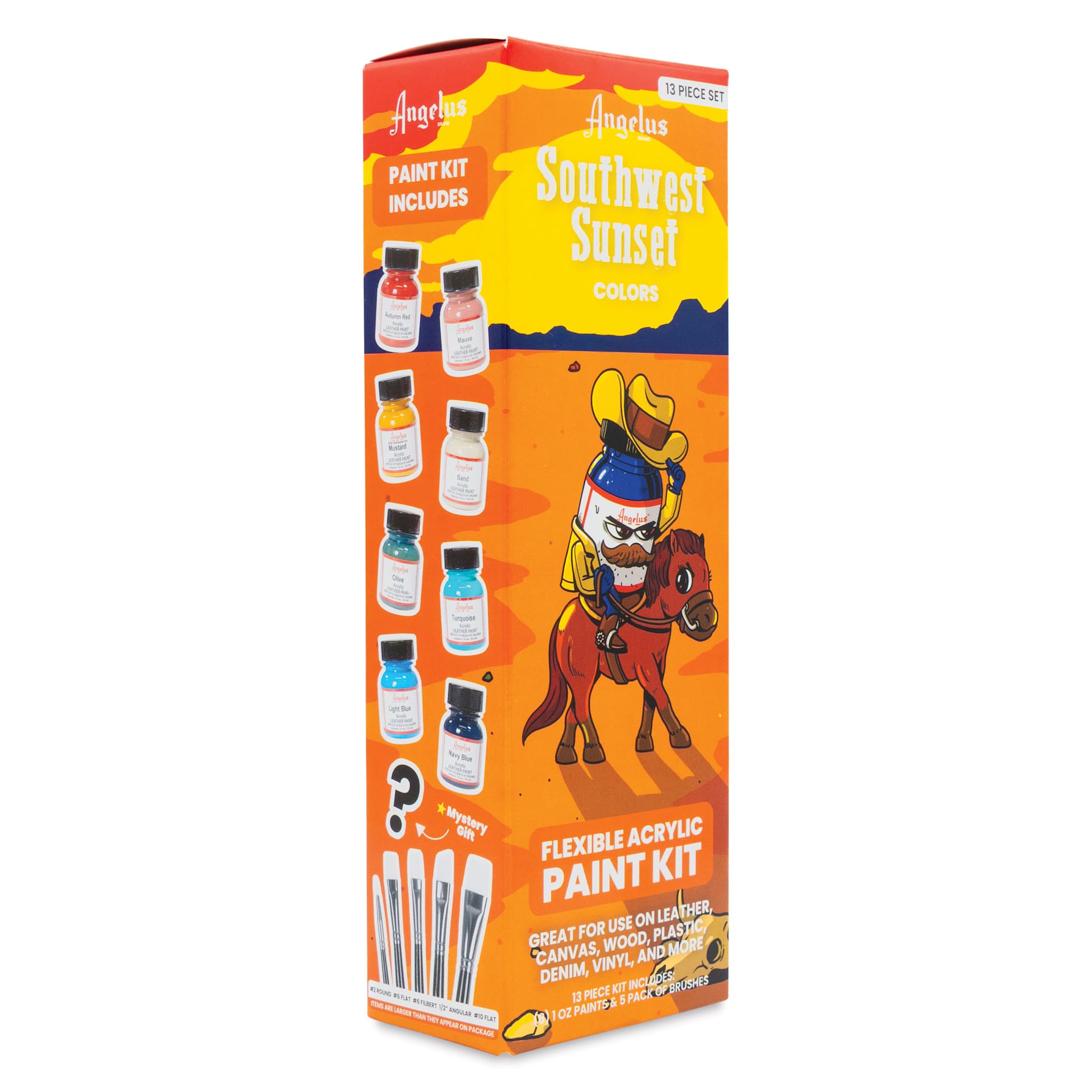 Angelus Acrylic Leather Paints - Southwest Sunset Kit, 1 oz packaging angled view showing left side