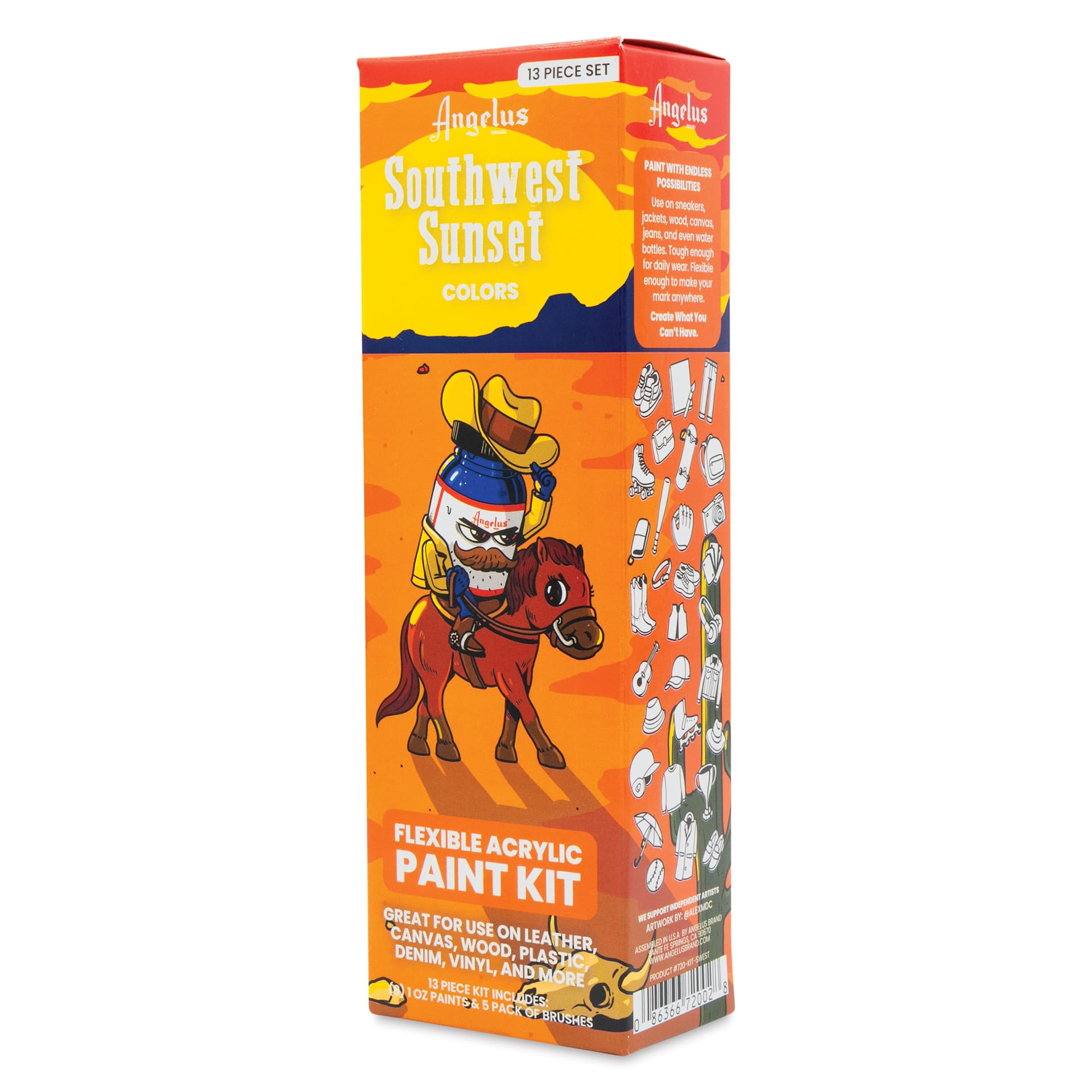 Angelus Acrylic Leather Paints - Southwest Sunset Kit, 1 oz packaging angled view showing right side