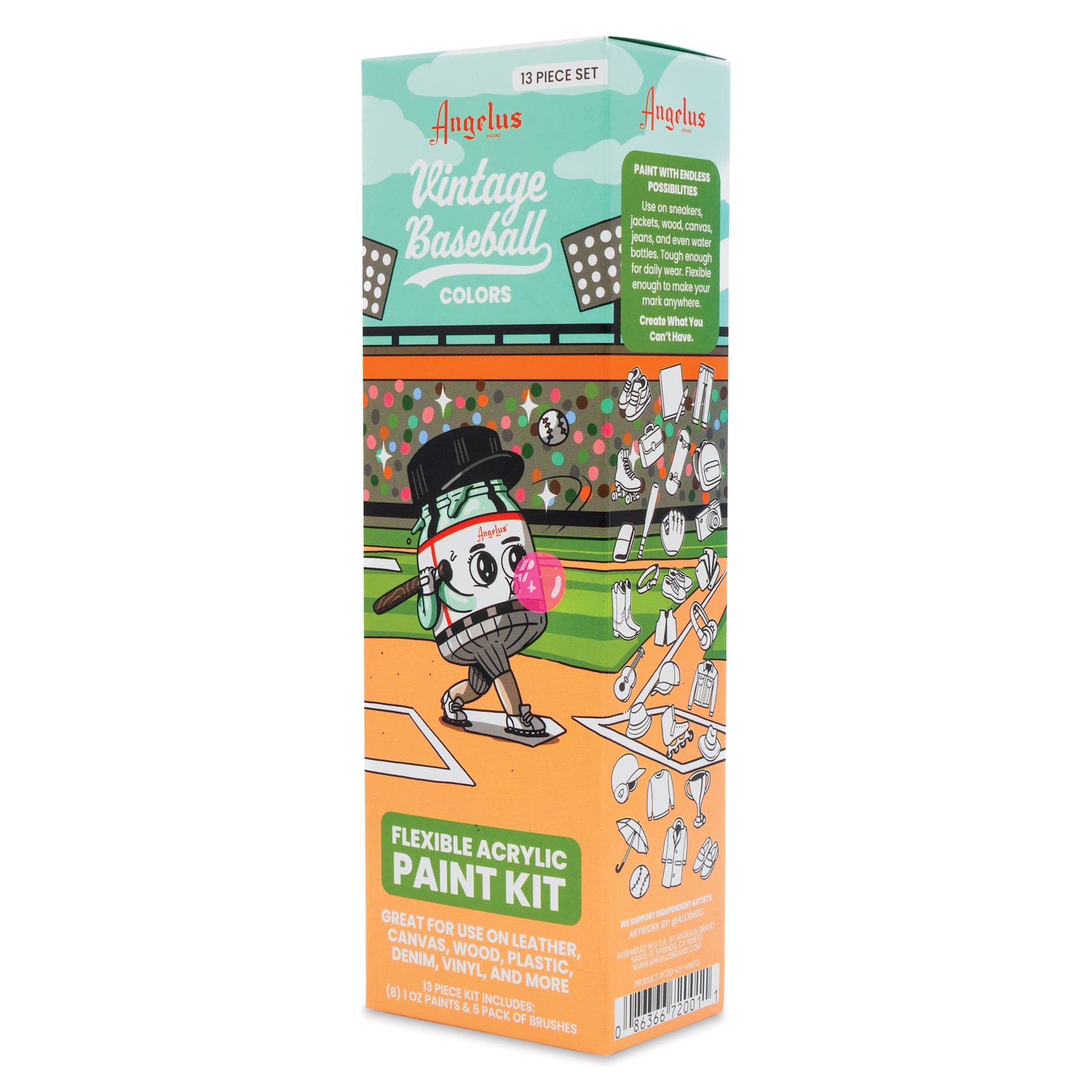 Angelus Acrylic Leather Paints - Vintage Baseball Kit, 1 oz packaging angled view showing right side