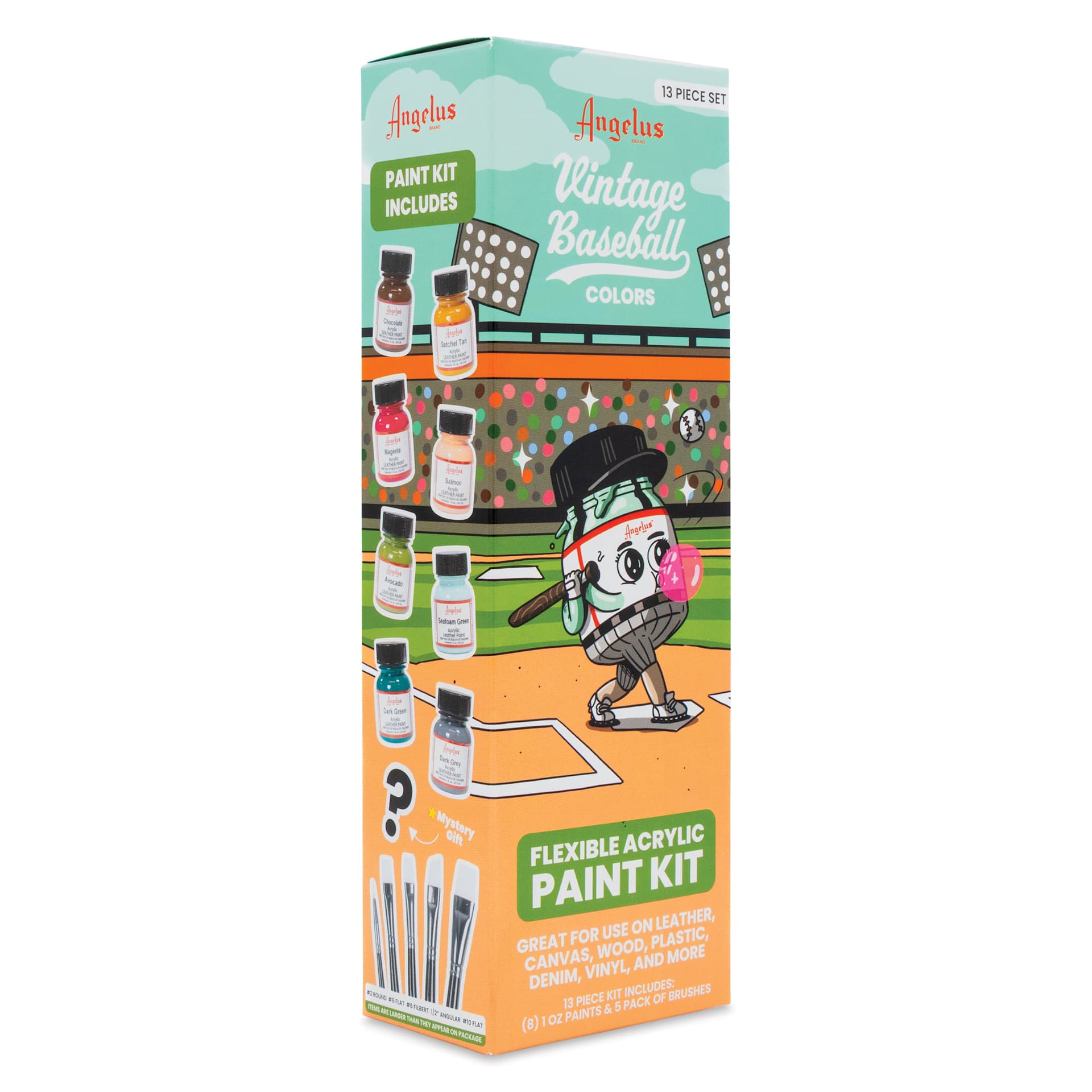 Angelus Acrylic Leather Paints - Vintage Baseball Kit, 1 oz packaging angled view showing left side