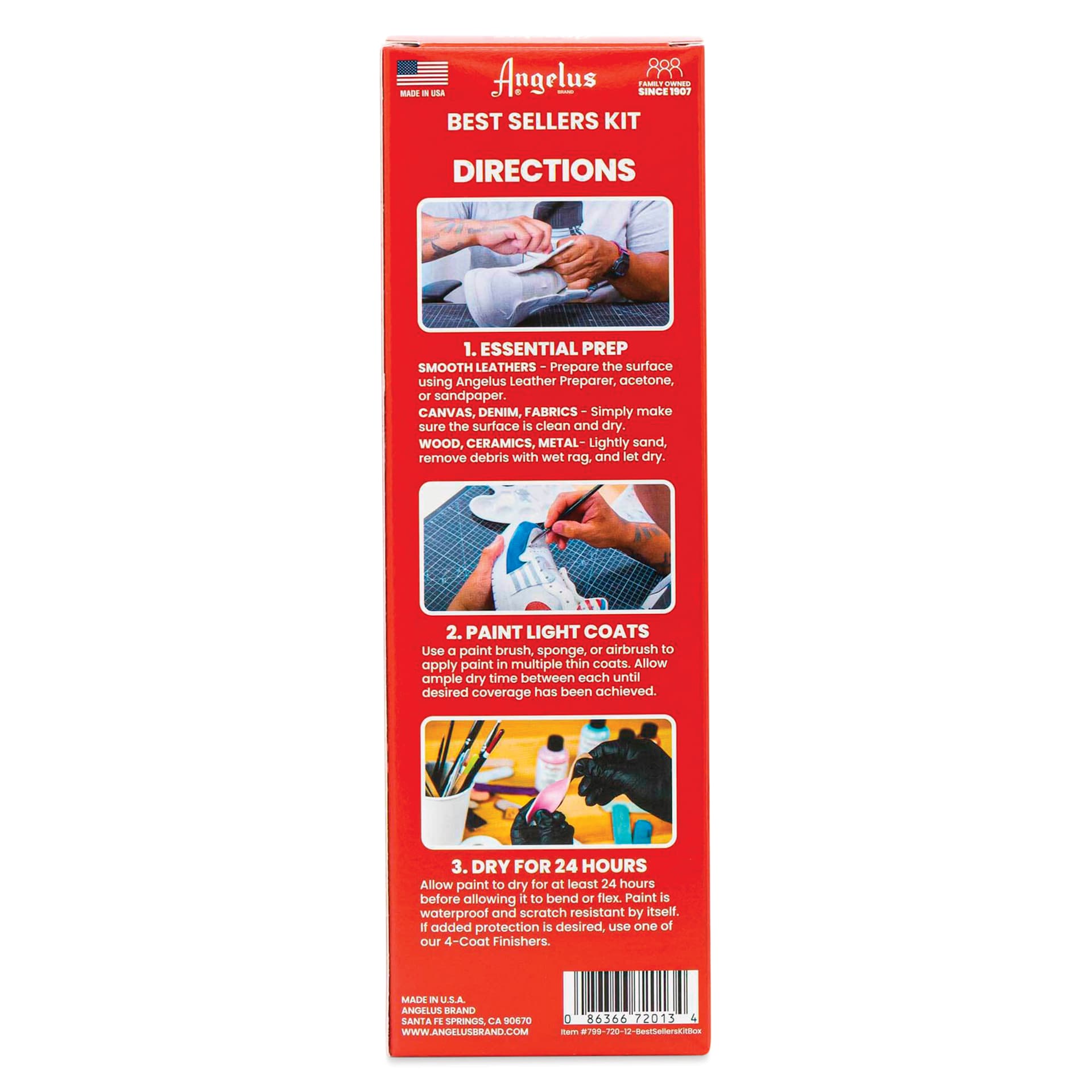 Angelus Acrylic Leather Paint Set - Best Sellers, Assorted Colors, Set of 12 back of packaging showing directions
