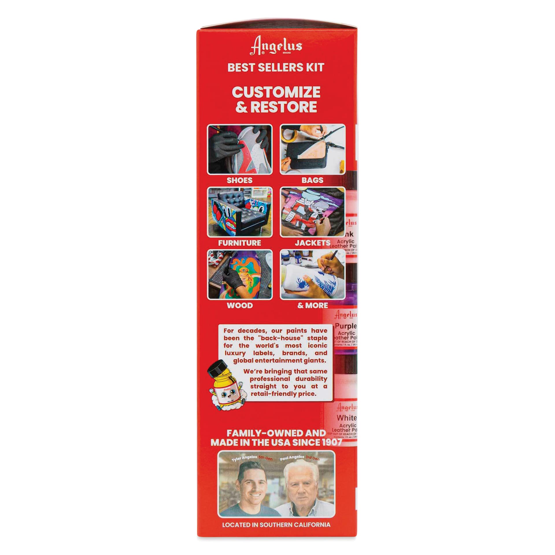 Angelus Acrylic Leather Paint Set - Best Sellers, Assorted Colors, Set of 12 side of packaging