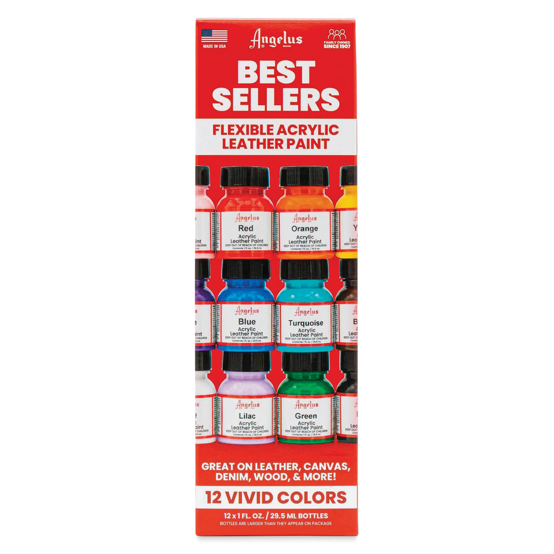 Angelus Acrylic Leather Paint Set - Best Sellers, Assorted Colors, Set of 12 front of packaging