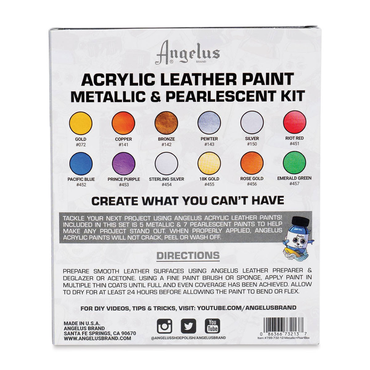 Angelus Acrylic Leather Paint Set - Metallic and Pearlescent, Set of 12, back of the packaging